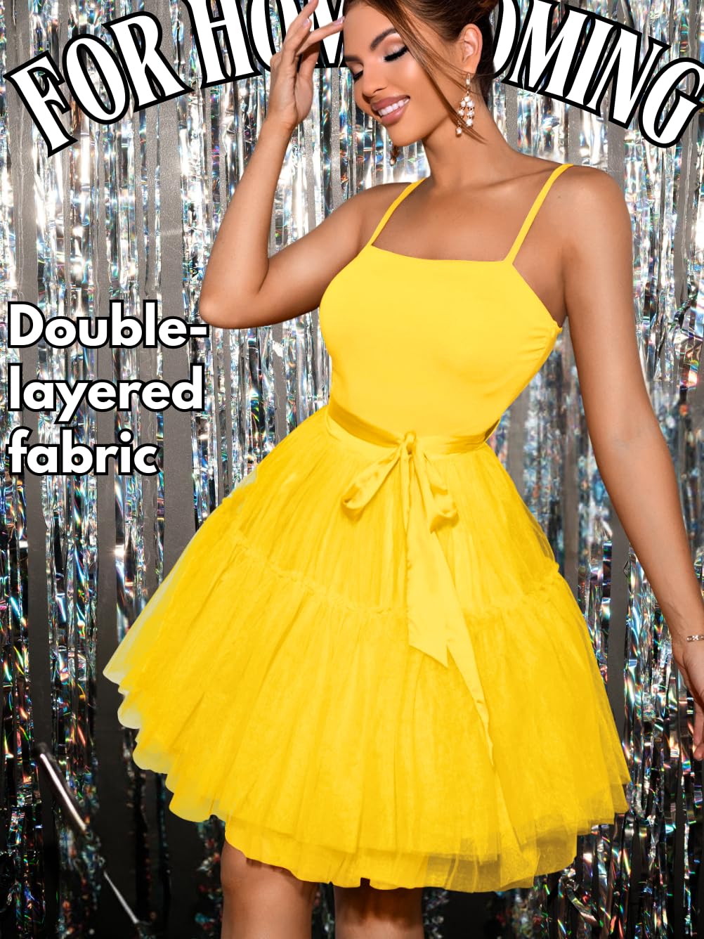 Kaei&Shi Poofy Short Tulle Dress,Spaghetti Strap Semi Formal Dresses for Women,Elegant Birthday Outfit Homecoming Cocktail
