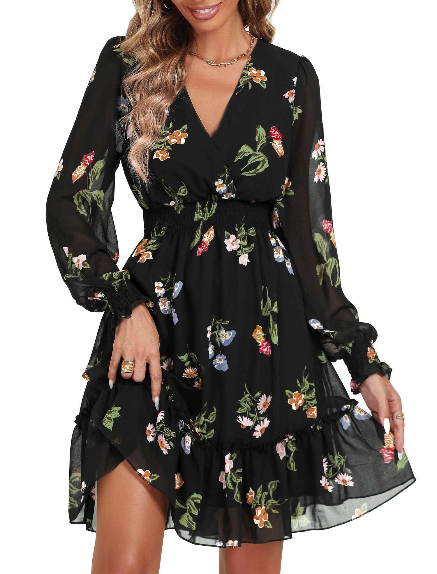 Prettywear Women's Floral Chiffon Long Sleeve Mini Dress Flowy A-Line Wrap Neck Tie Back Short Dress