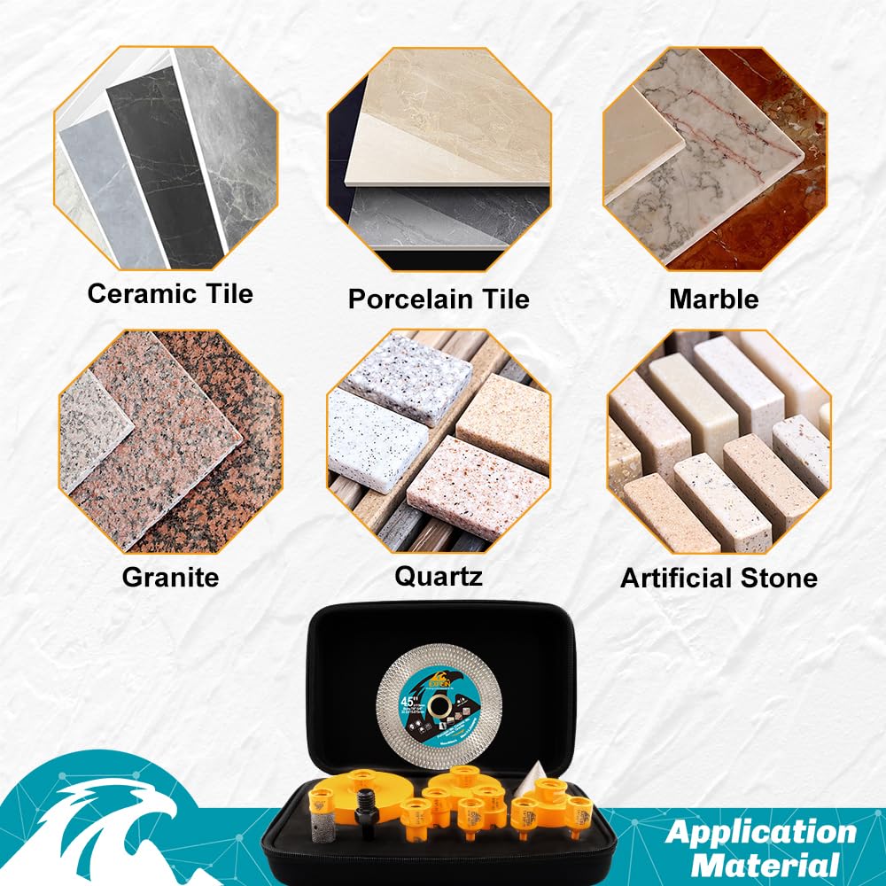 Diamond Tile Hole Saw Kit 12pcs - 6/8/10/25/35/50/65mm Core Drill Bits,10mm Milling Bit and 2" Chamfer Bit with Hex Adapter and 4.5" 2pcs Diamond Blade and for Tile Porcelain Marble