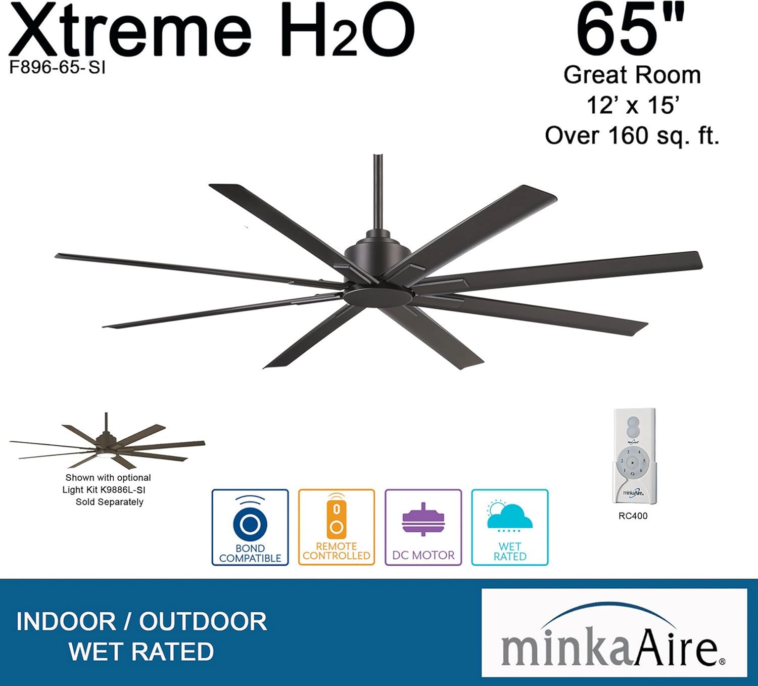 Minka Aire Xtreme H2O - 65-inch Ceiling Fan F896-65-SI, Smoked Iron, Reversible with Remote Control