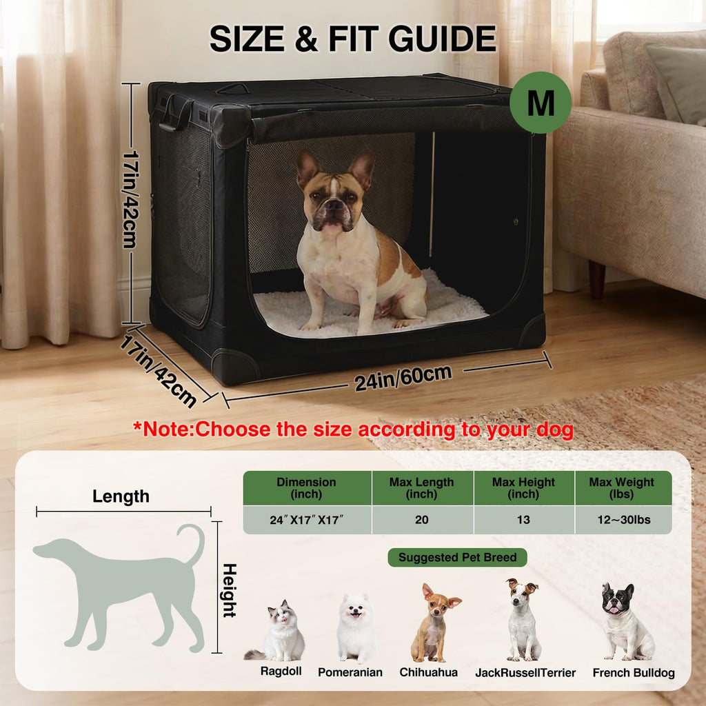 Veraste 24" L x 17" W x 17" H Collapsible Travel Dog Crate, Portable Soft Dog Kennel for Small Medium Pets up to 30 lbs, 4-Door Foldable Travel Crate with Durable Mesh & Storage Bag, Black