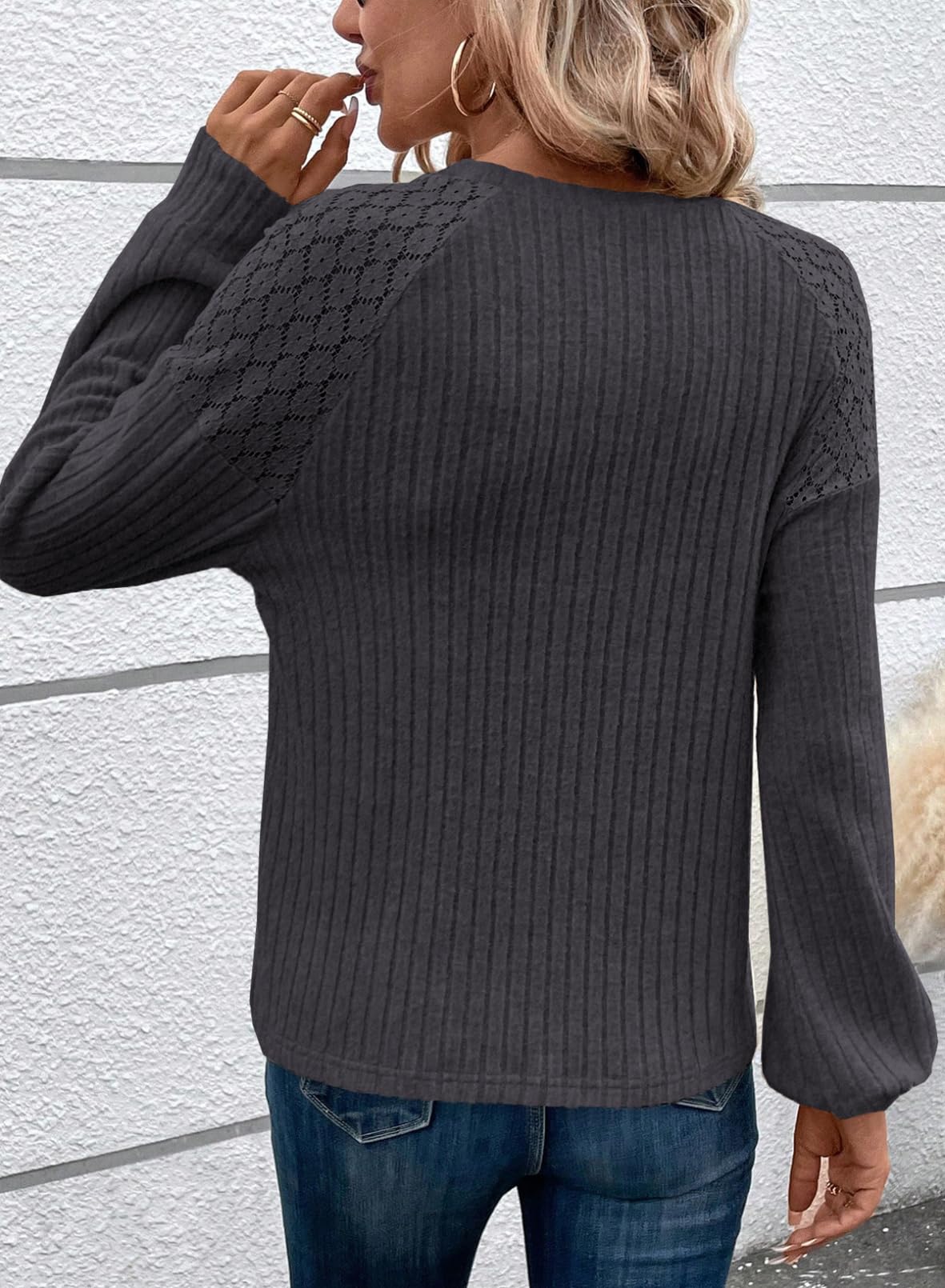 Acelitt Womens Fall Long Sleeve Tunic Tops Casual Crew Neck Dressy Shirt Lace Patchwork Blouses Pullover Sweaters