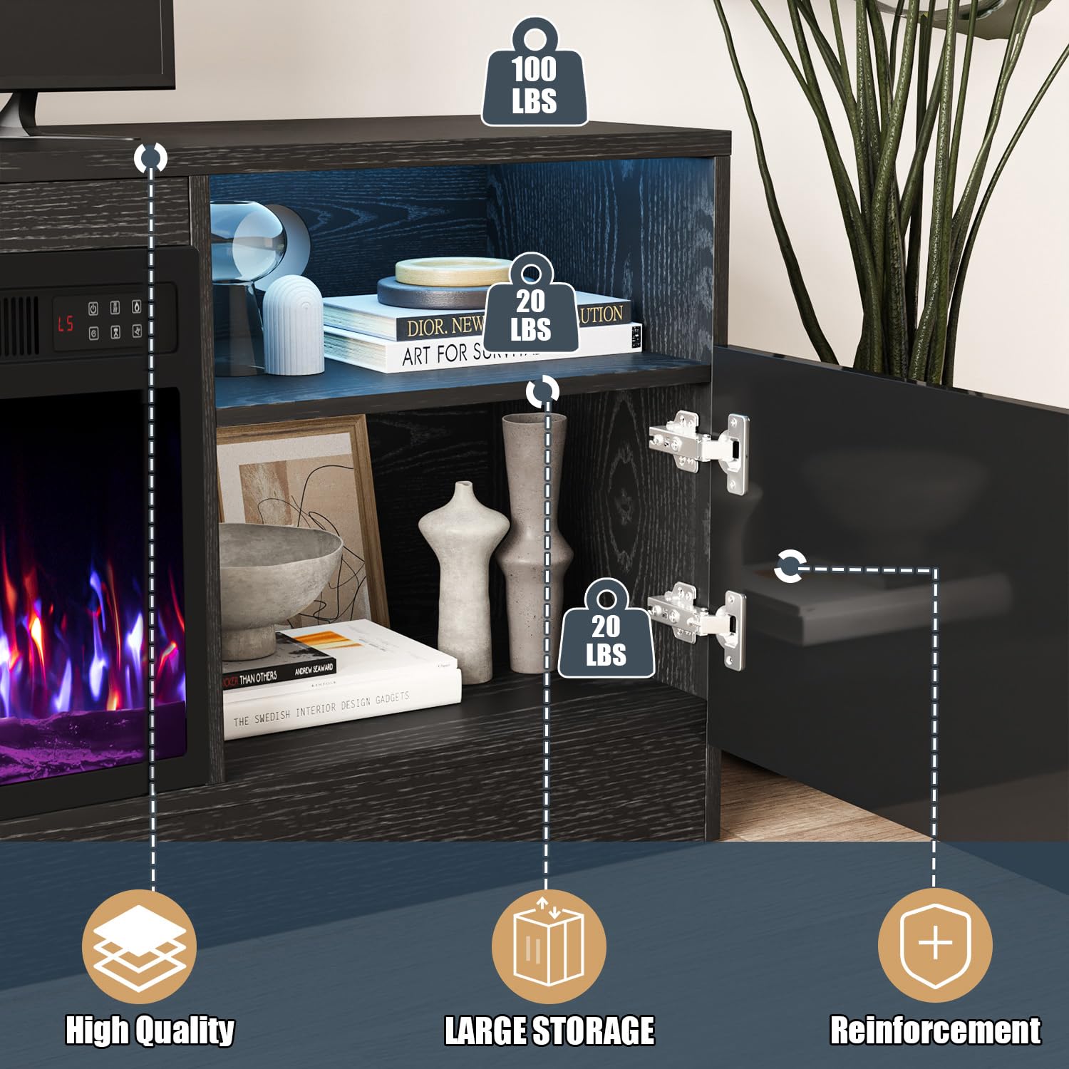 VITESSE 58 Inches Fireplace TV Stand for TVs up to 65 Inches Console with 18'' Electric Fireplace & Remote,Wooden Modern Entertainment Center for Living Room with LED Light Glass Shelves（Bei）