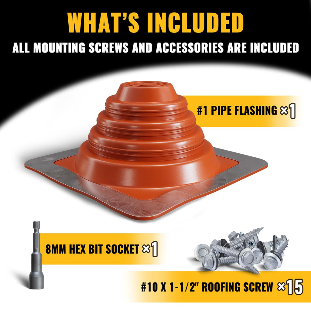 VIVIDA #1 Metal Roof Pipe Flashing, Metal Roofing Pipe Boot Kit, High Temp Silicone Vent Boot, for Tube OD 1/4" to 2", Square Base, Screws & Hex Socket Included, 1 Pack, Black