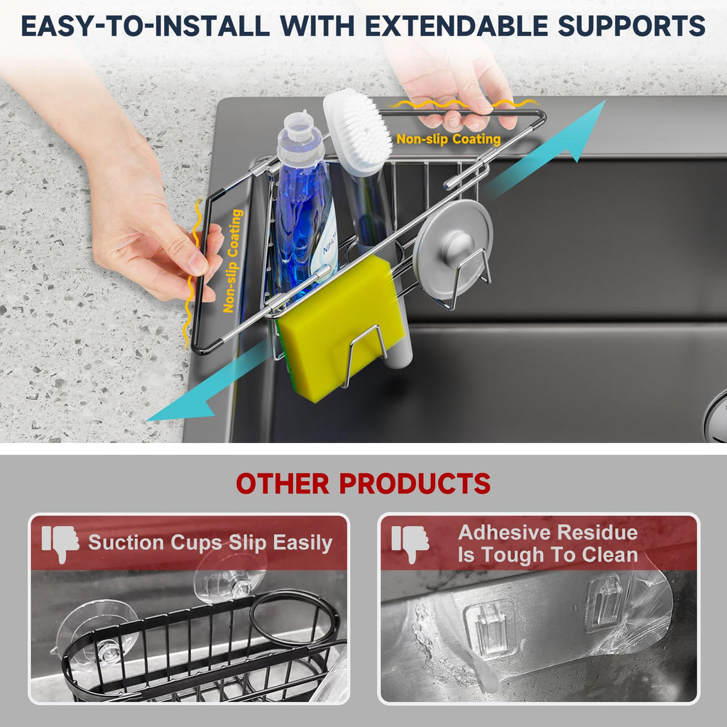 NiHome Extendable Arm Stainless Steel Kitchen Sink Corner Caddy, Easy Install Space-Saving Adjustable Sponge Holder, Non-Slip Rust-Resistant for Brushes, Soap, Sponges (Black)