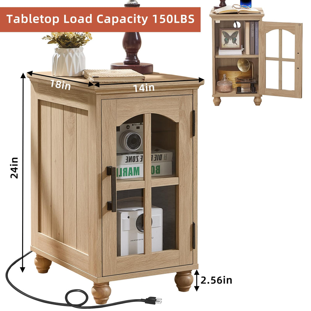 Narrow Side Table,Farmhouse Nightstand with Charging Station,Wood End Table with Glass Barn Door Storage, Cabinet Organizer with Adjustable Shelf, Night Stand for Small Spaces for Living Room Bedroom