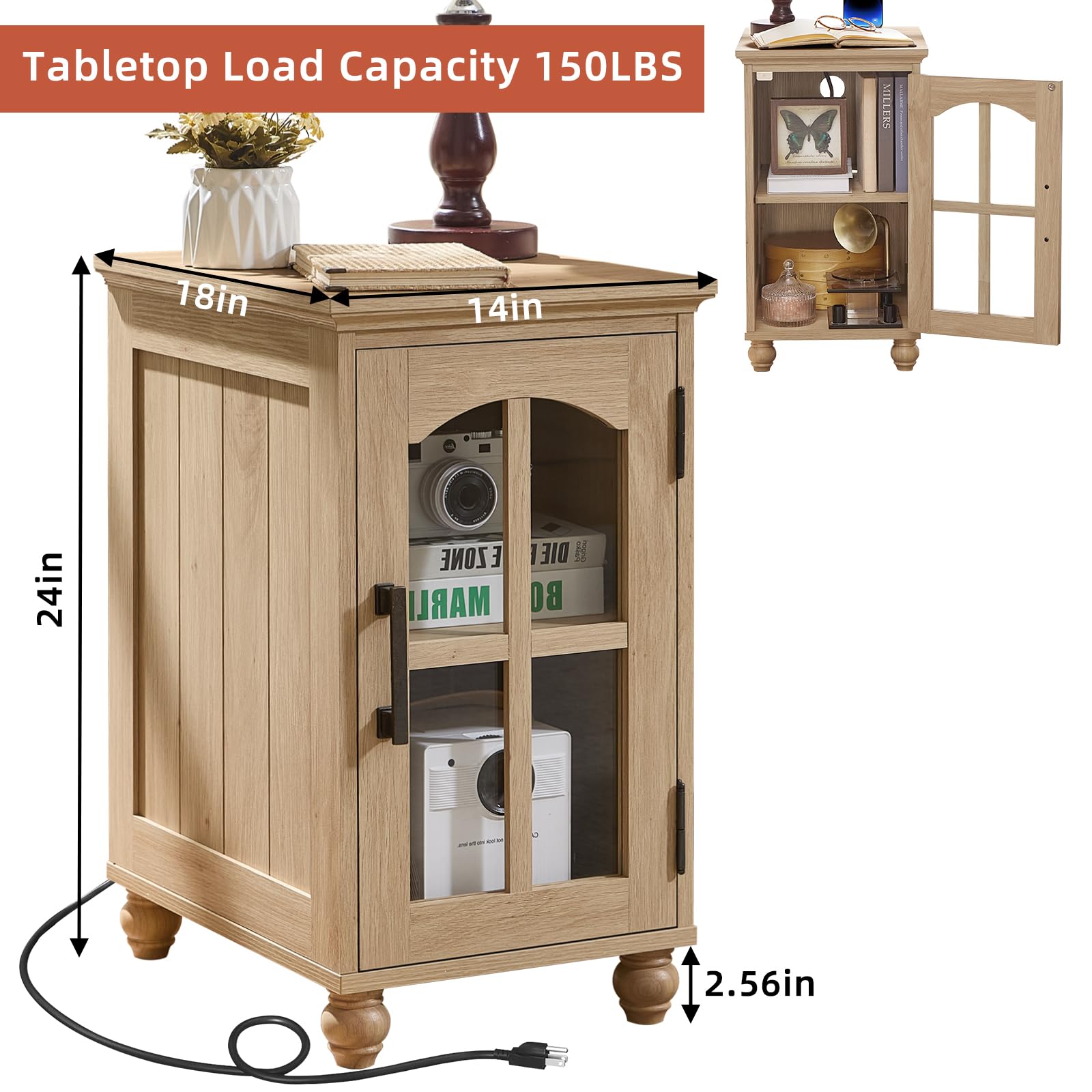 Narrow Side Table,Farmhouse Nightstand with Charging Station,Wood End Table with Glass Barn Door Storage, Cabinet Organizer with Adjustable Shelf, Night Stand for Small Spaces for Living Room Bedroom