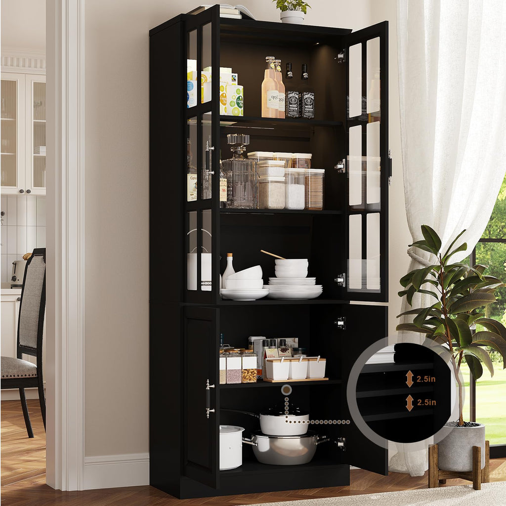 MEISSALIVVE Kitchen Pantry Storage Cabinet with LED Lights, 78.7" Tall with Glass Doors & Drawers, Freestanding Utility Cabinet, Black (31.5" W x 15.7" D)