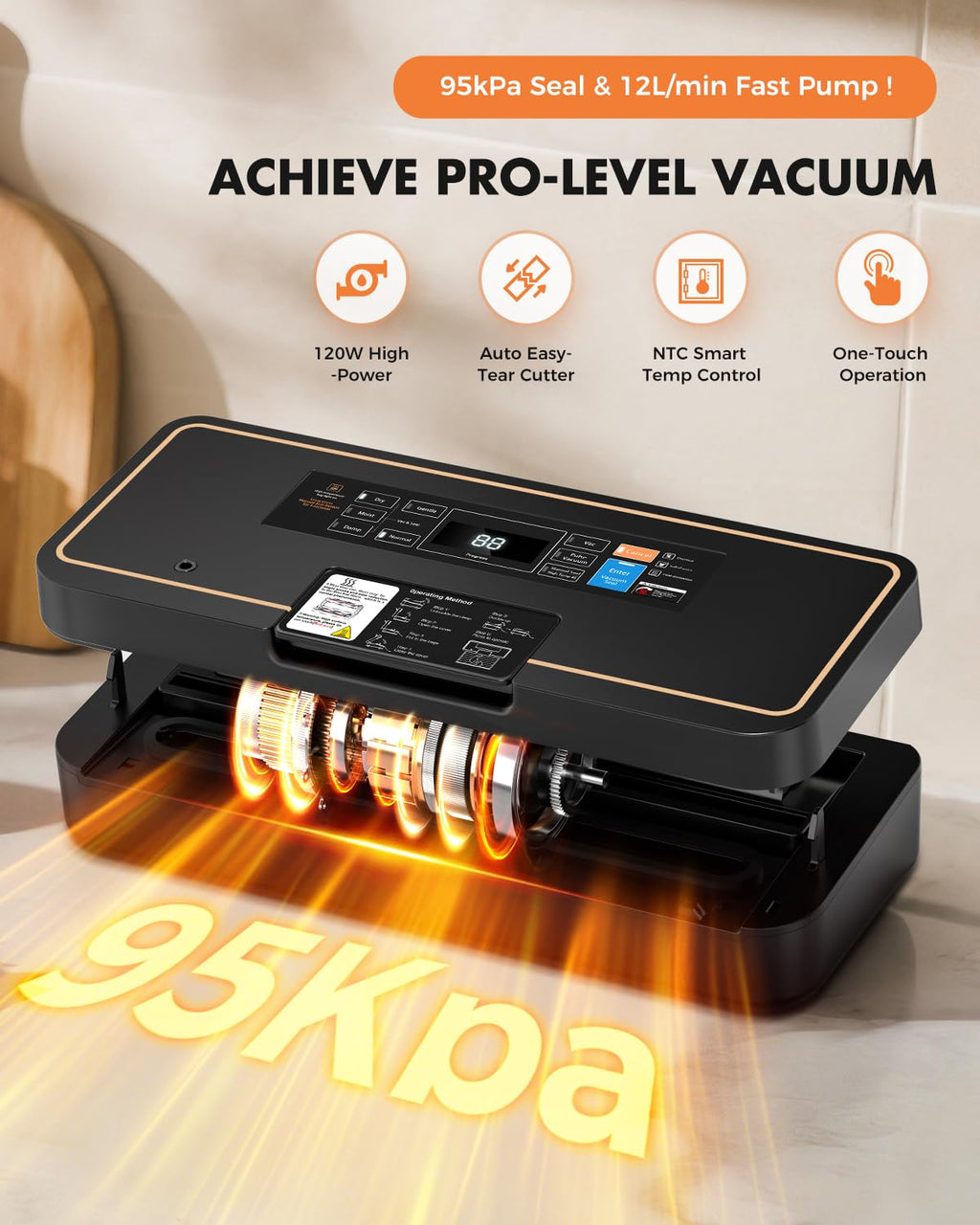 Vacuum Sealer for Food, 95kPa Food Vacuum Saver Sealer Machine, 12L/min 135W Fast-Sealing with Auto Tear-Cut,Digital Timer, Built-in Bag Storage, Cutter and One Bag Roll, 9-in-1 Compact Vacuum Sealer