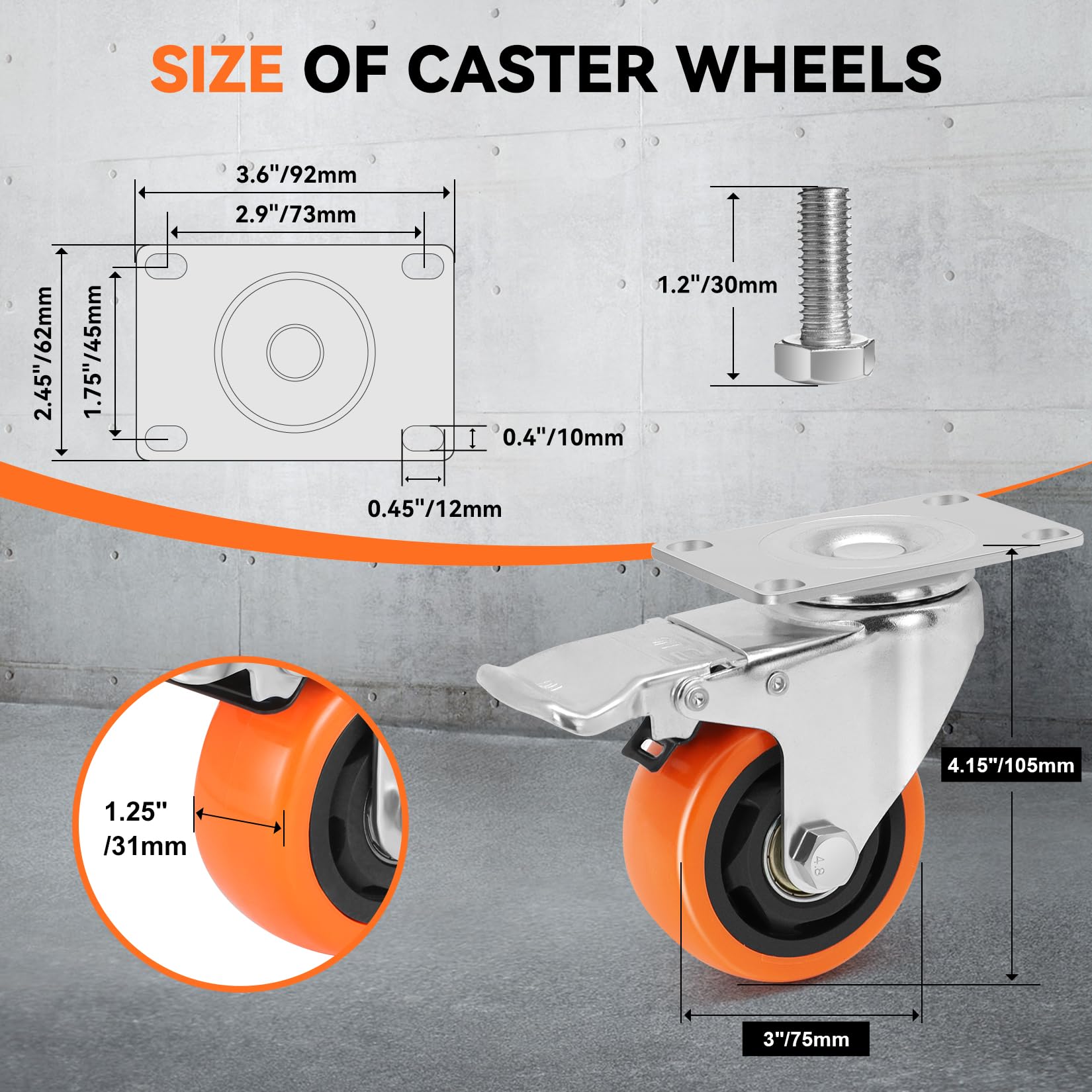 W B D WEIBIDA 2" Plate Caster Wheels Heavy Duty 600 Lbs Load Capacity Swivel Casters with Brake Set of 4, Safety Dual Locking, No Noise Wheels for Furniture, Carts (Screws and Screwdriver)