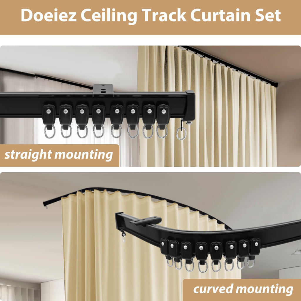 Room Divider Blackout Curtains Flexible Sliding Tracks Sets Ceiling Mounted Rod Window Curtain Privacy Separation for Bedroom Living Rooms,1 Panel Beige Drape and Black Track Set-W108xH72 in
