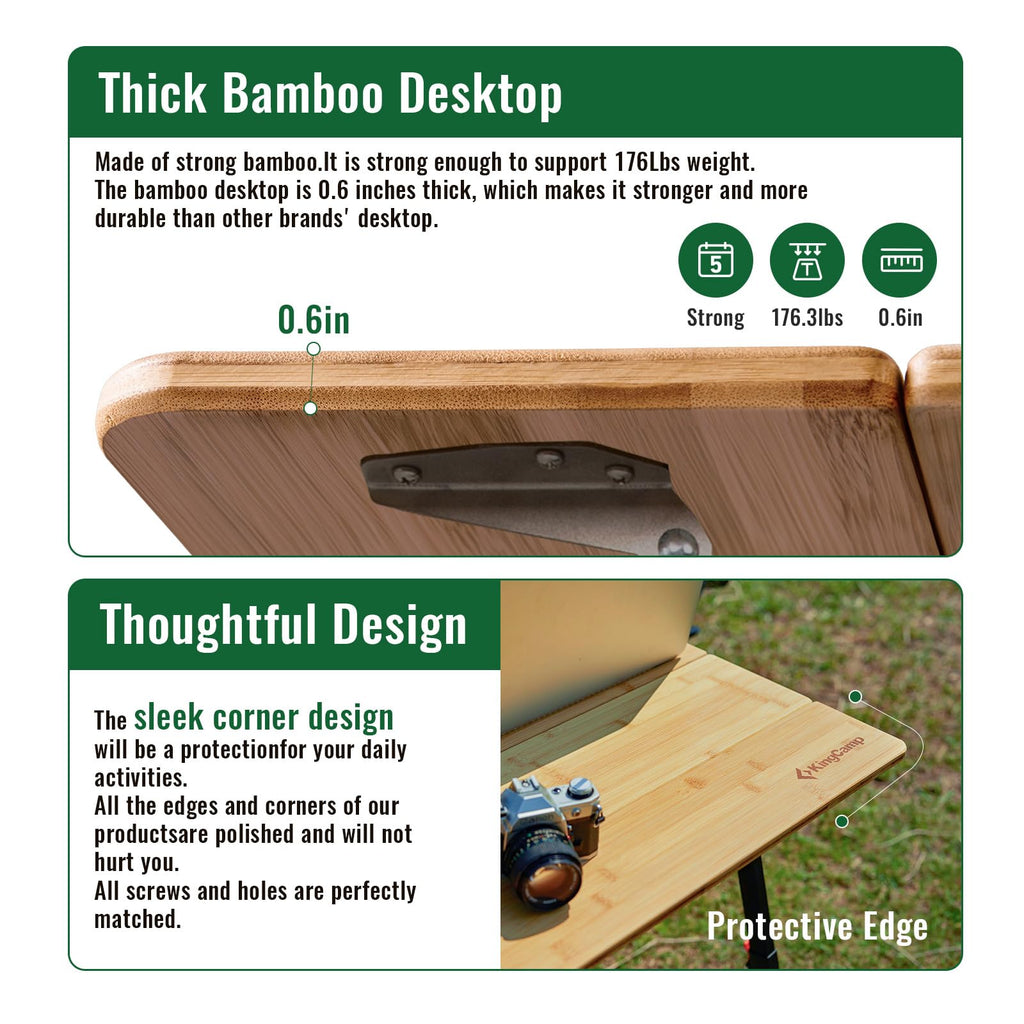 KingCamp Bamboo Folding Table, 4-Fold Camping Adjustable Height Portable Outdoor Lightweight & Compact Table with Aluminum Frame for RV Picnic BBQ Tailgating
