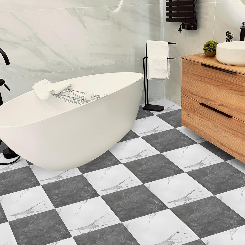 Spiareal 48 Pieces Peel and Stick Floor Tiles Vinyl Flooring 12 x 12 Inch Stick on Floor Tile Self Adhesive Waterproof DIY for Bathroom Kitchen Bedroom Living Room(Black Marble)