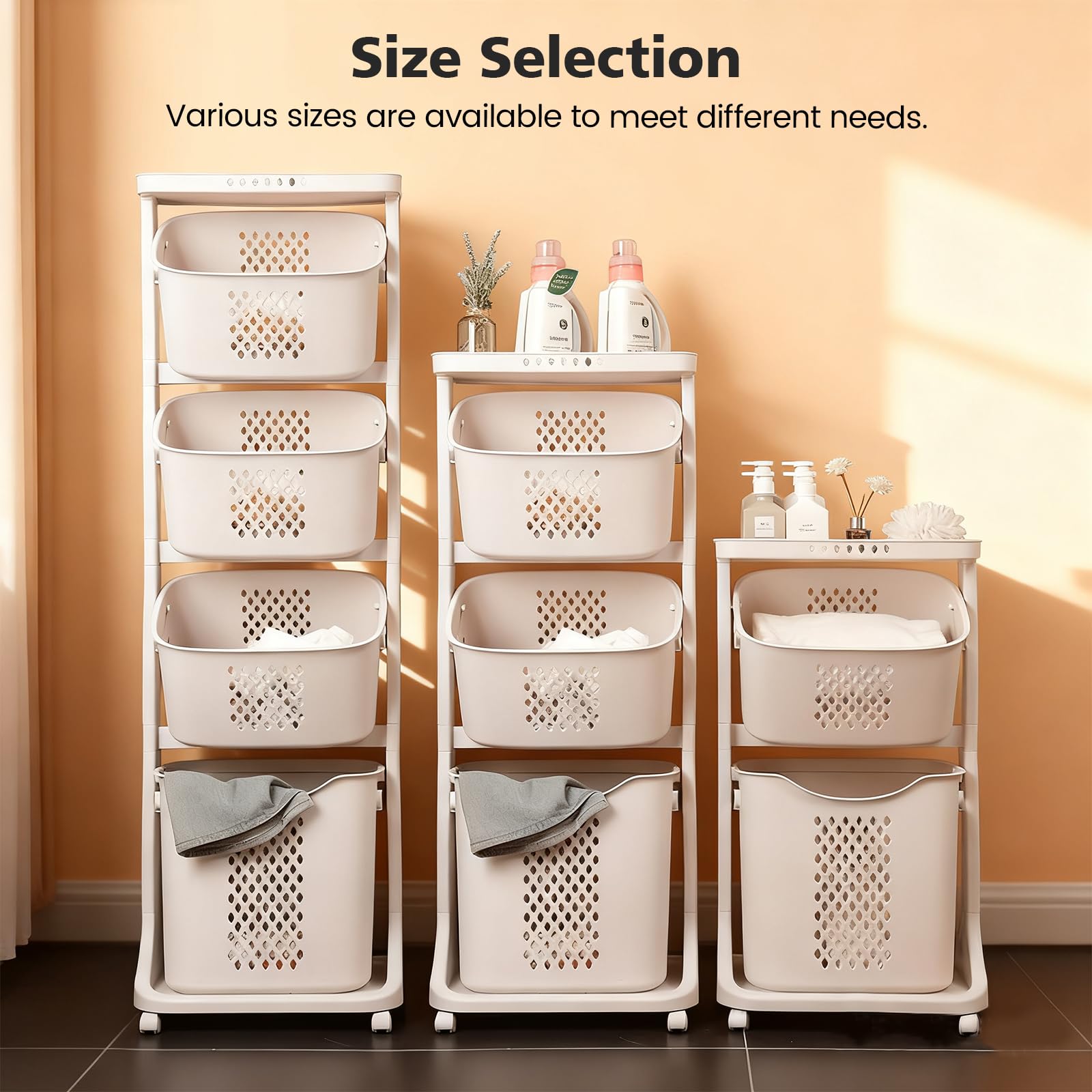 BAOKALER Rolling Laundry Hamper Cart with Wheels, 3 Tier White Laundry Baskets, Clothes Hamper with Portable Storage Baskets for Kitchens, Bathrooms, Bedrooms, Classrooms, Laundry Rooms(75L)