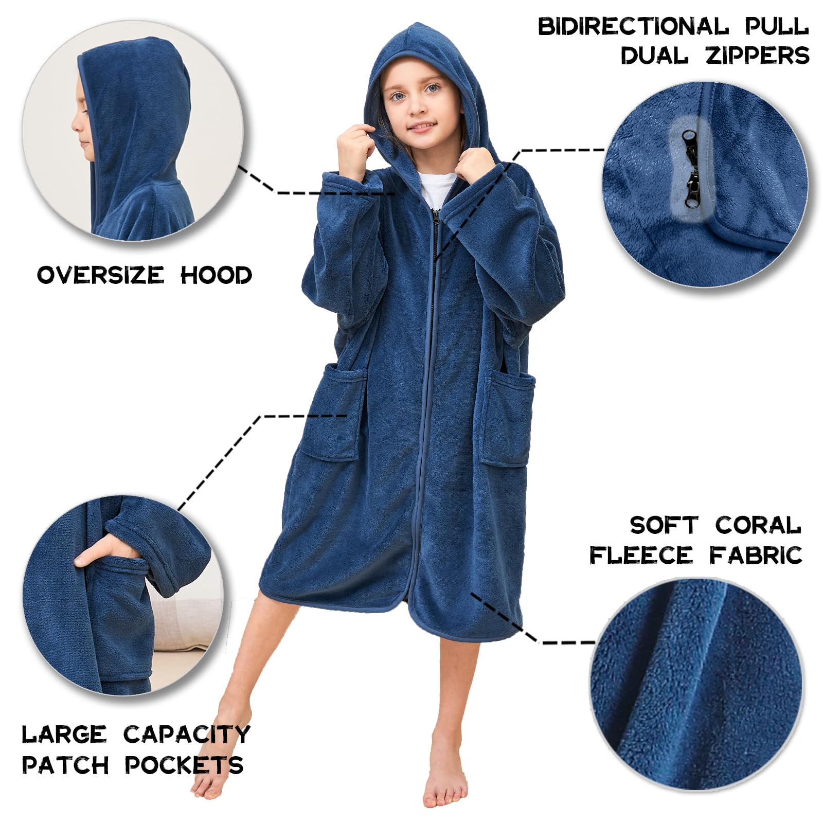 Hiturbo Kids Bath Towel Hoodie: Soft Plush Zipper Surf Poncho - Warm Fleece Changing Towels Swimming Outerwear (Blue)