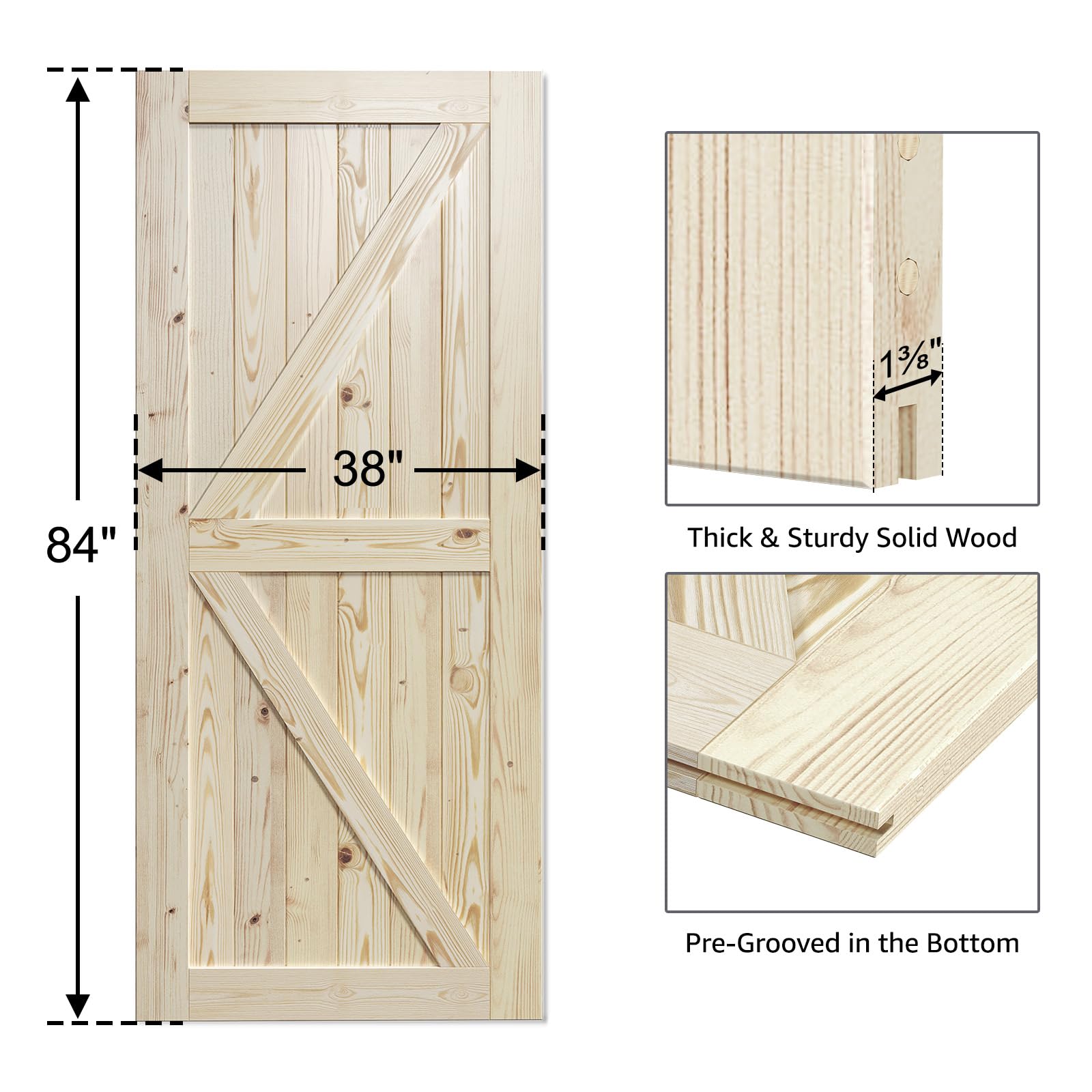 SmartStandard 24in x 80in Sliding Barn Wood Door Pre-Drilled Ready to Assemble, DIY Unfinished Solid Spruce Wood Panelled Slab, Interior Single Door Only, Natural, K-Frame (Fit 4FT Rail)