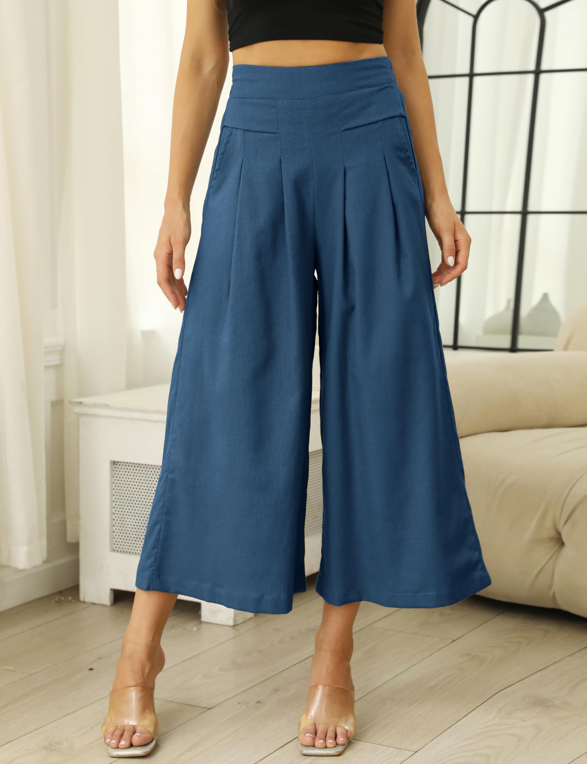 Bianstore Women's Culottes Linen Cropped Wide Leg Pants Elastic Waist Casual Palazzo Trousers with Pockets