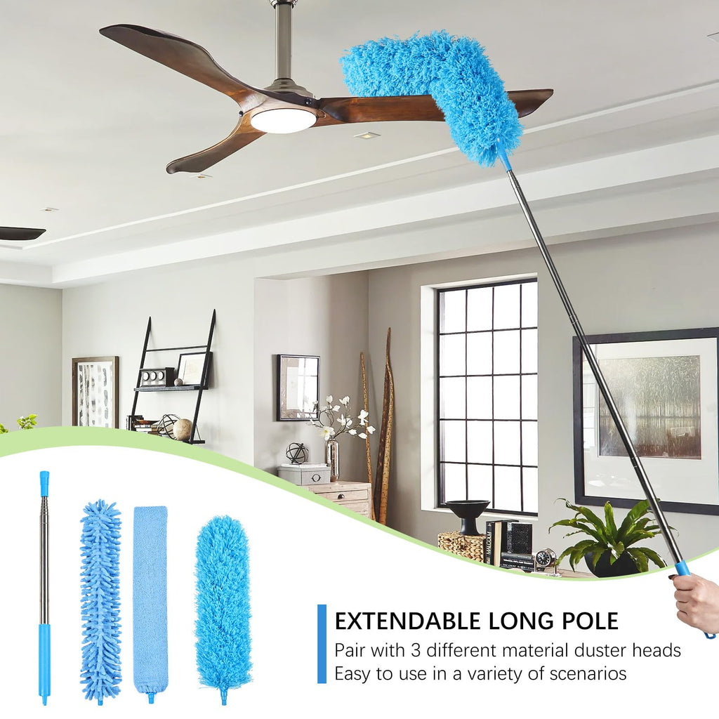 Ceiling Fan Cleaner Duster Reusable Microfiber Removable Duster with Extension Pole Adjusts 12 to 71 Inch for Cleaning Walls Bookshelves Furniture Door Window Top (Blue)