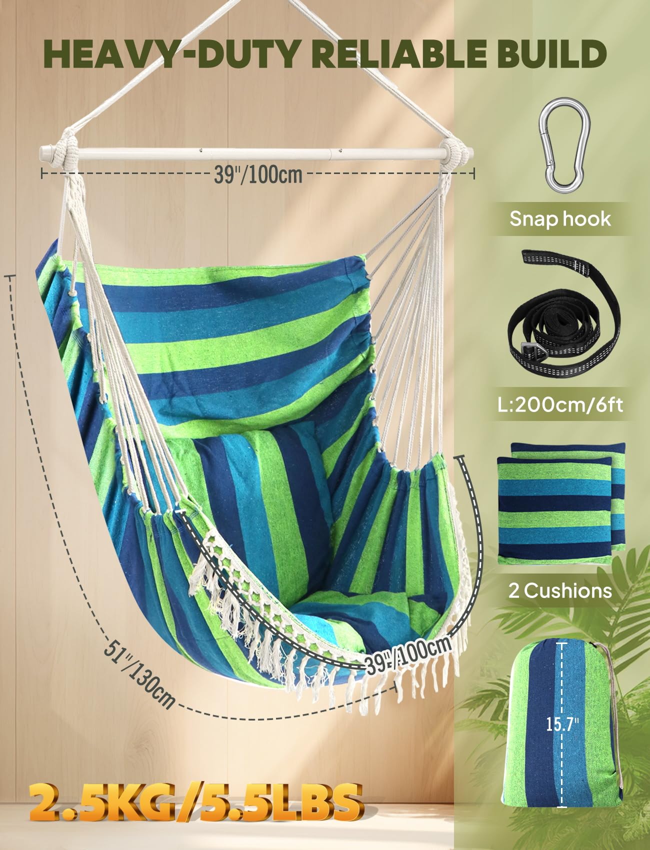 Chihee Hammock Chair Hanging Swing Max 500 Lbs 2 Cushions Included Metal Spreader Bar with Anti-Slip Grooves Portable Hanging Chair Side Pocket Large Macrame Bohemian Chair Indoor Outdoor | Hanging Swing with Anti-Slip Grooves Portable Hanging Chair Side