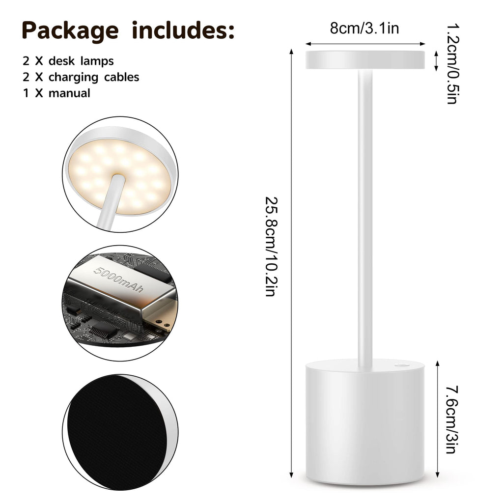 2Pack Cordless Table Lamp, Rechargeable LED Battery 5000mAh Metal USB Portable Powered Desk Lamp, 3 Levels Brightness Light for Restaurants Outdoor (2pack 10.25in Titanium)