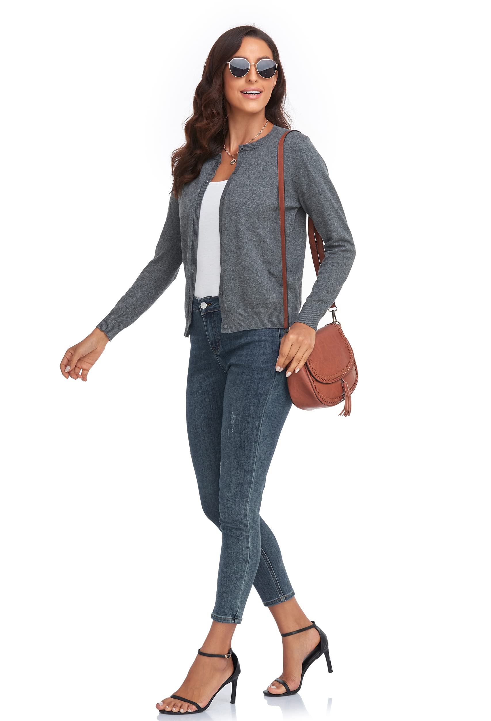 CUNYI Women's Crew Neck Cardigan Long Sleeve Sweater for Women Button Down Soft Knit Ladies Cardigan Sweates Coat