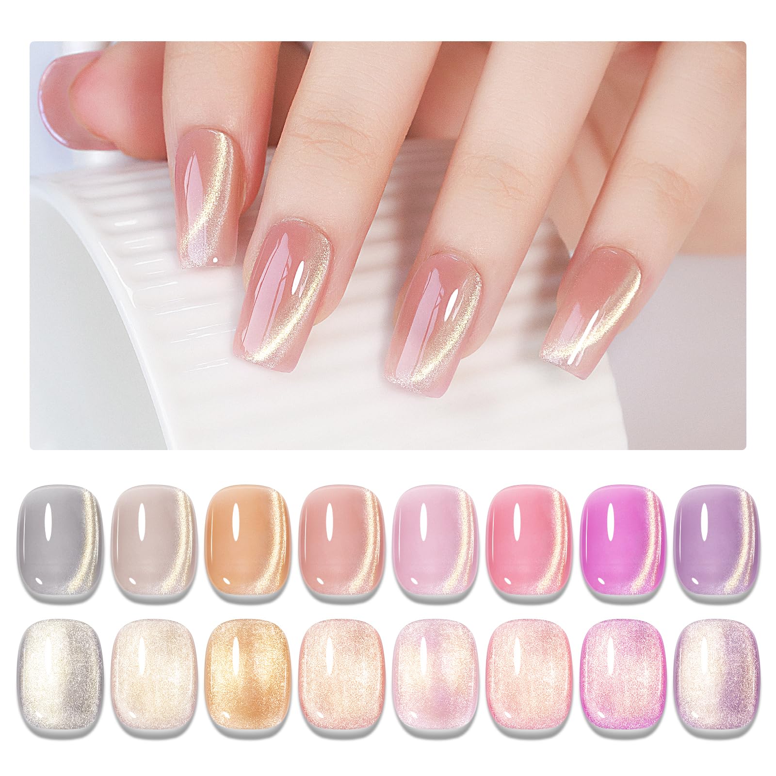 MIZHSE Cat Eye Gel Nail Polish, Moonlight Magnetic Gel Polish and Sheer Nude Nail Kit with 1 Magnet Stick, Glass Shiny Effect Silver Pink Purple Soak Off Manicure Home DIY