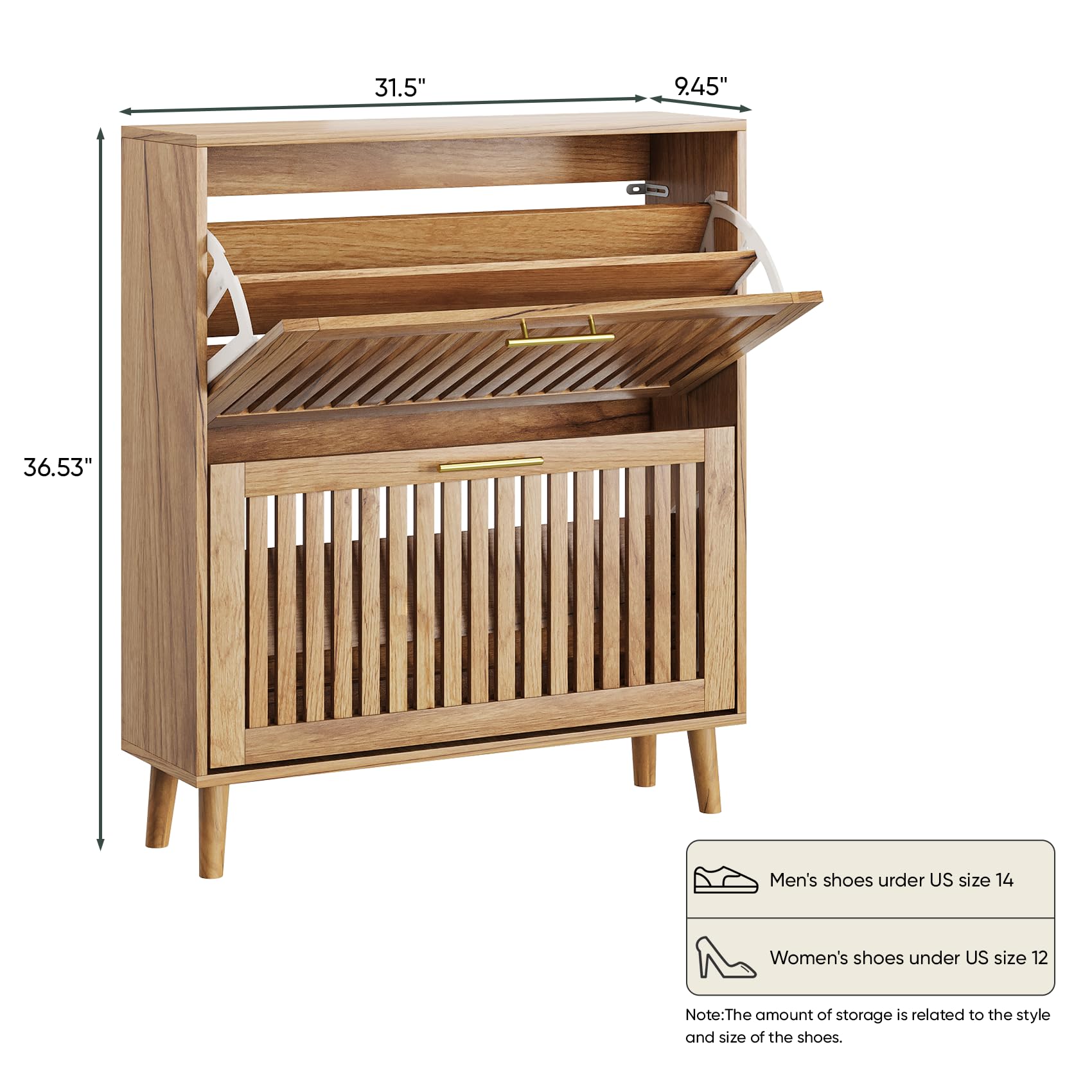 Smart FENDEE Shoe Cabinet with 2 Flip Slatted Drawers, Farmhouse Slim Shoe Organizer Rack with Golden Handles, Freestanding Hidden Entryway Storage for Hallway, Natural