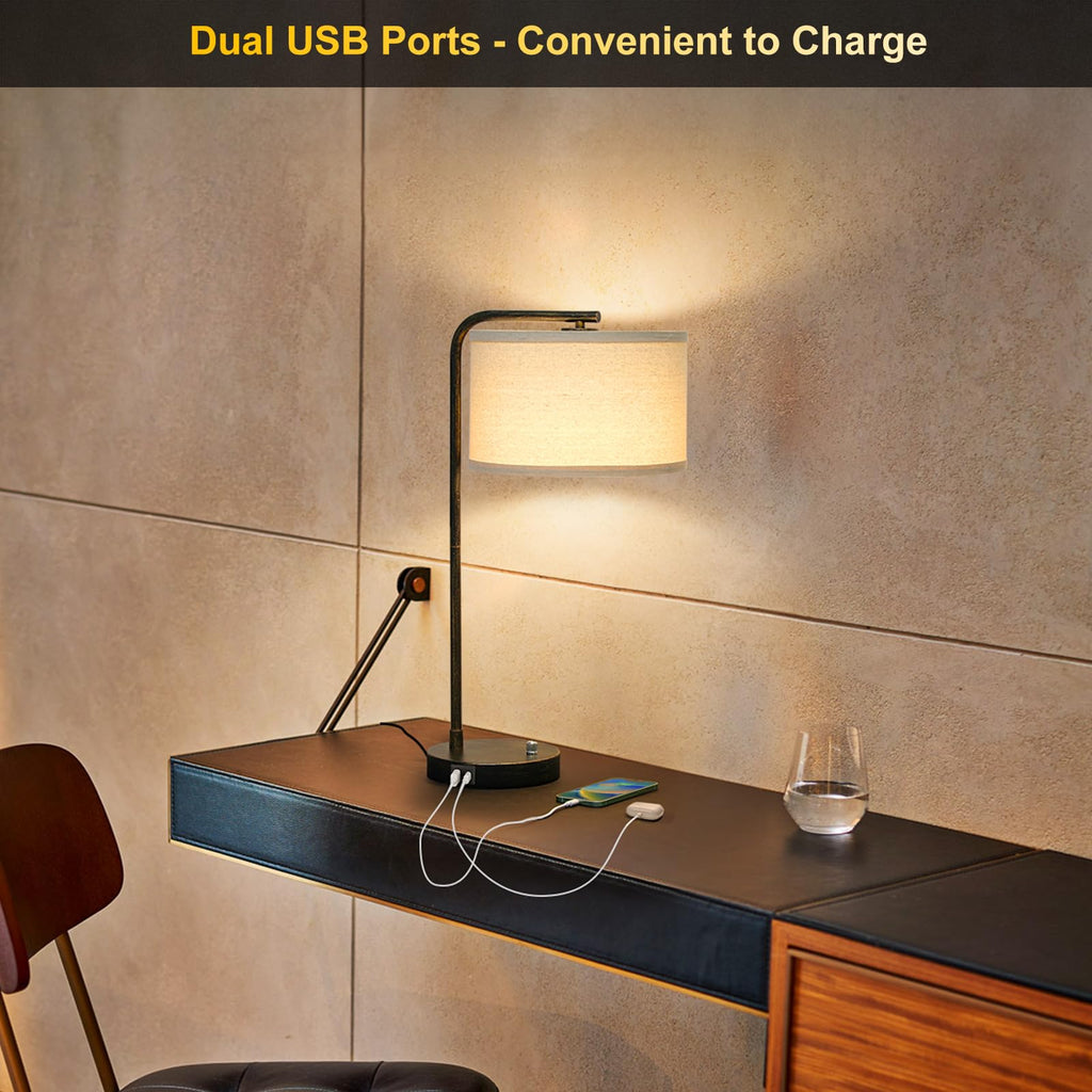 Table Lamps Set of 2, Fully Dimmable Bedside Lamp with USB C+A Charging Ports, Modern Nightstand Lamps with Linen Fabric Shades, Tall Desk Lamp for Bedroom, Living Room, Office, LED Bulb Included