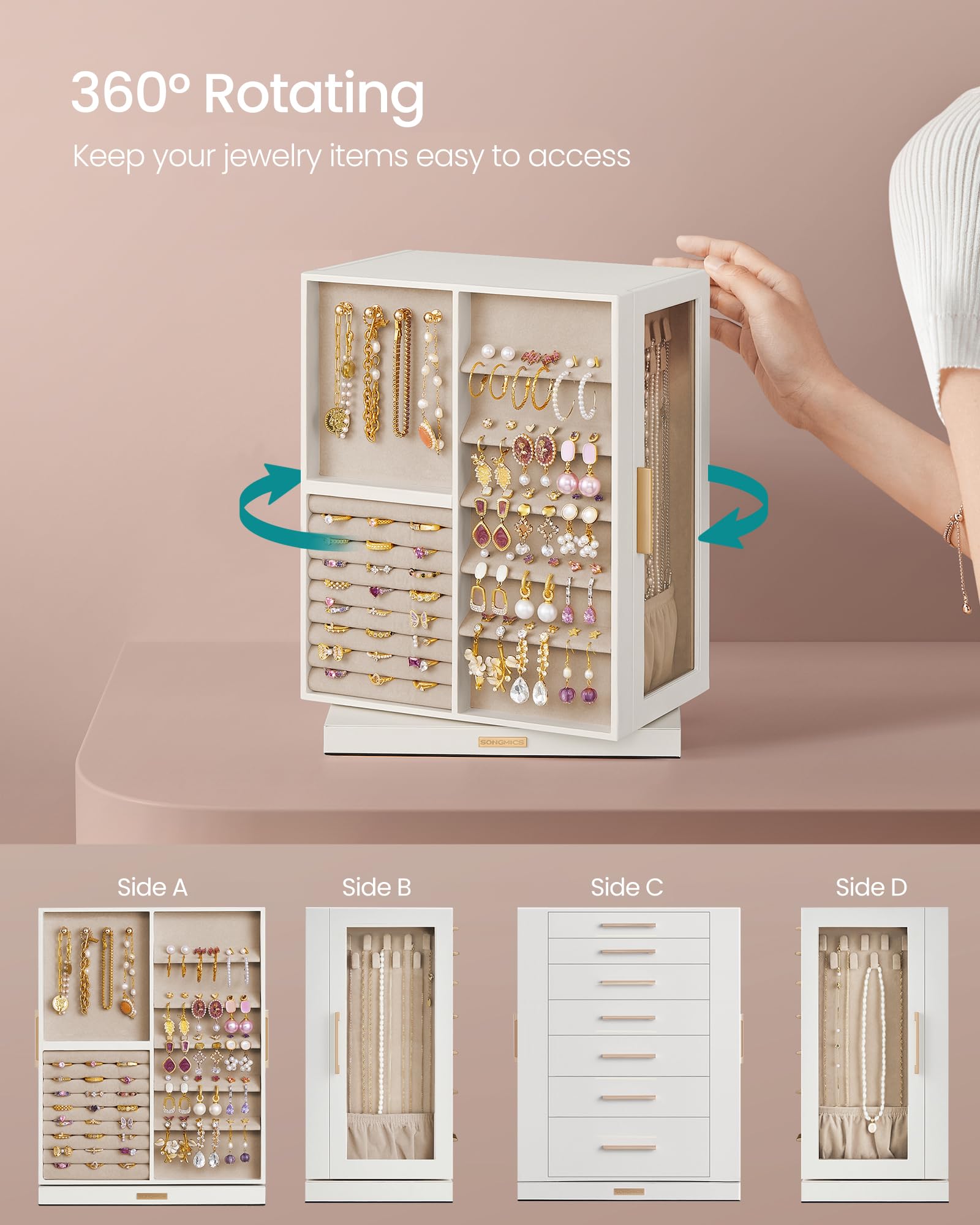 SONGMICS GISELLA Collection - Jewelry Box Organizer 360° Rotating, Vertical Jewelry Storage Case with 5 Drawers, Glass Window, Spacious, Open Design, Great Gift, Cloud White UJBC170W01