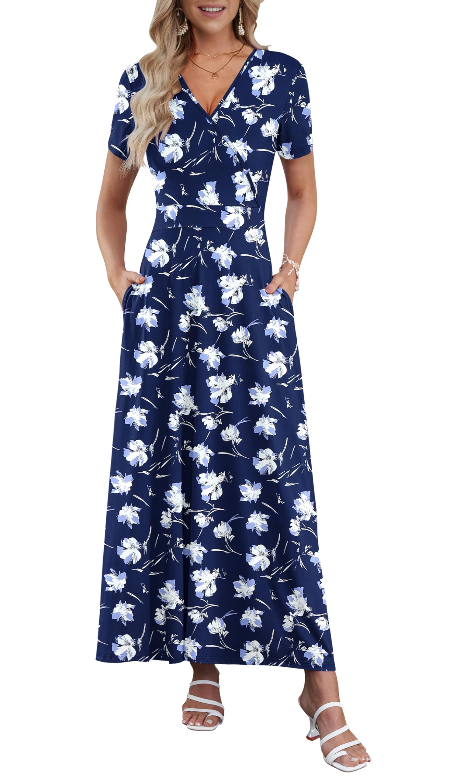 AUSELILY Maxi Dresses for Women Ankle Length Floral Print Beach Long Flowy Dress with Pockets