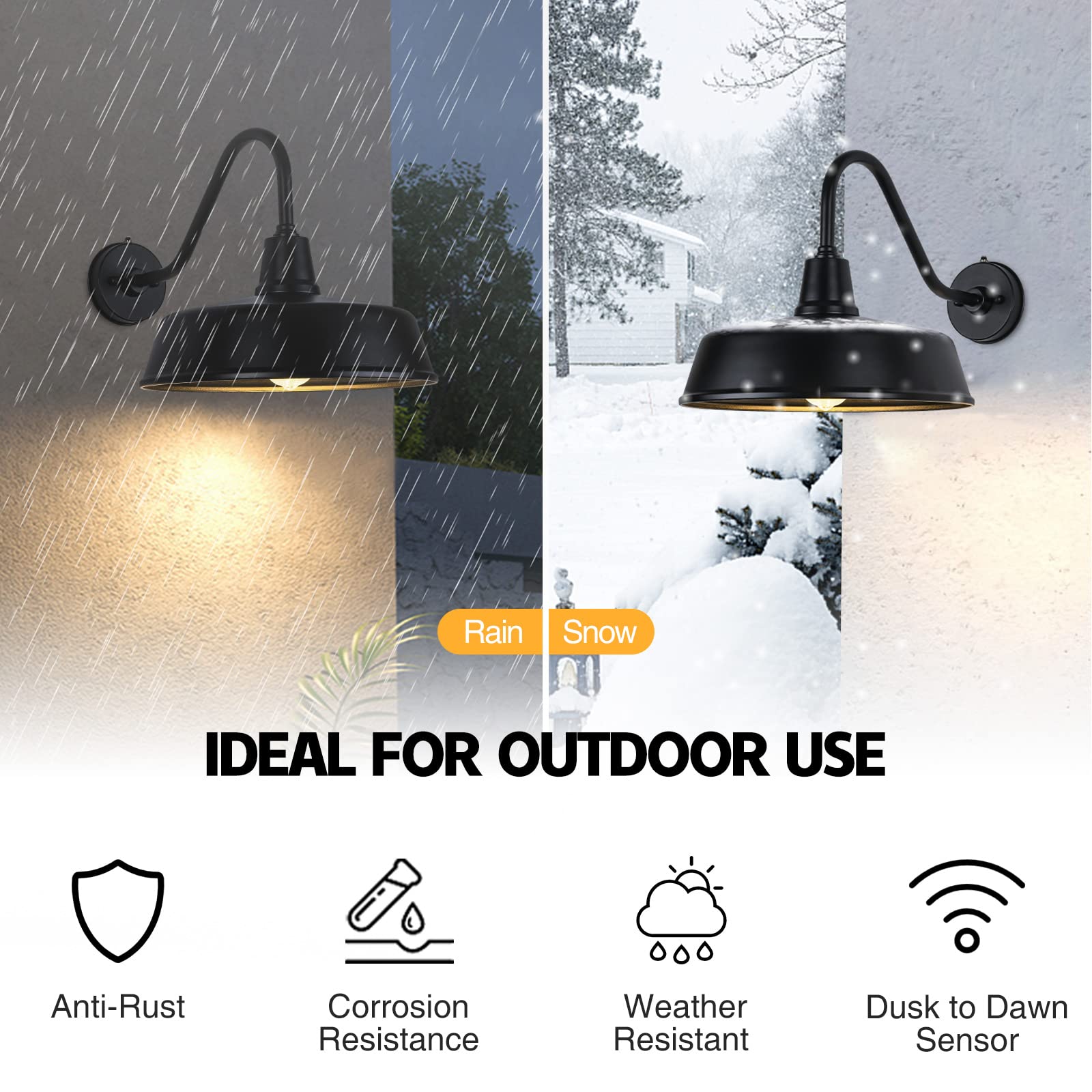Barn Lights Outdoor Gooseneck Lighting, Dusk to Dawn Black Exterior Barn Lights for House, Farmhouse Wall Lighting Fixtures with Sensor for Porch Garage (1, 11" Diameter)