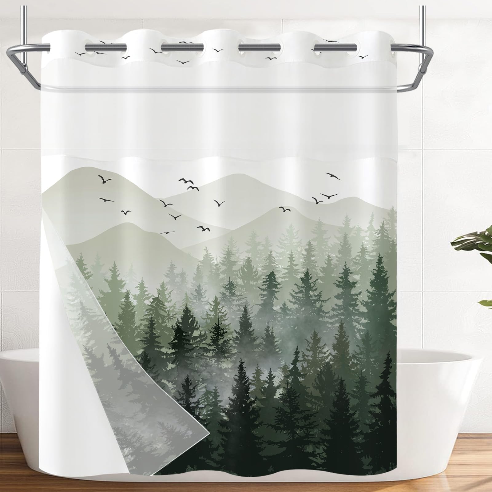 Stall Small Black and White Misty Forest Shower Curtain Ombre Gray Grey Mountain Pine Tree Waterproof Fabric Shower Curtains for Bathroom Nature Woodland Decorative Bath Curtain Decor 36×72 Inches