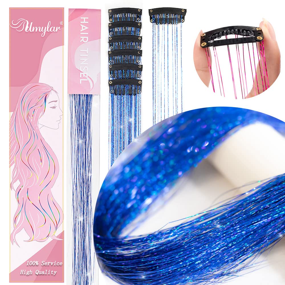 Clip in Hair Tinsel, Pack of 12 Pcs 20 Inch,Glitter Tinsel Hair Extensions, Festival Tinsel Fairy Hair Extension Party Dazzle Hair Accessories Strands Kit for Women Girls(12Pcs,Black#)