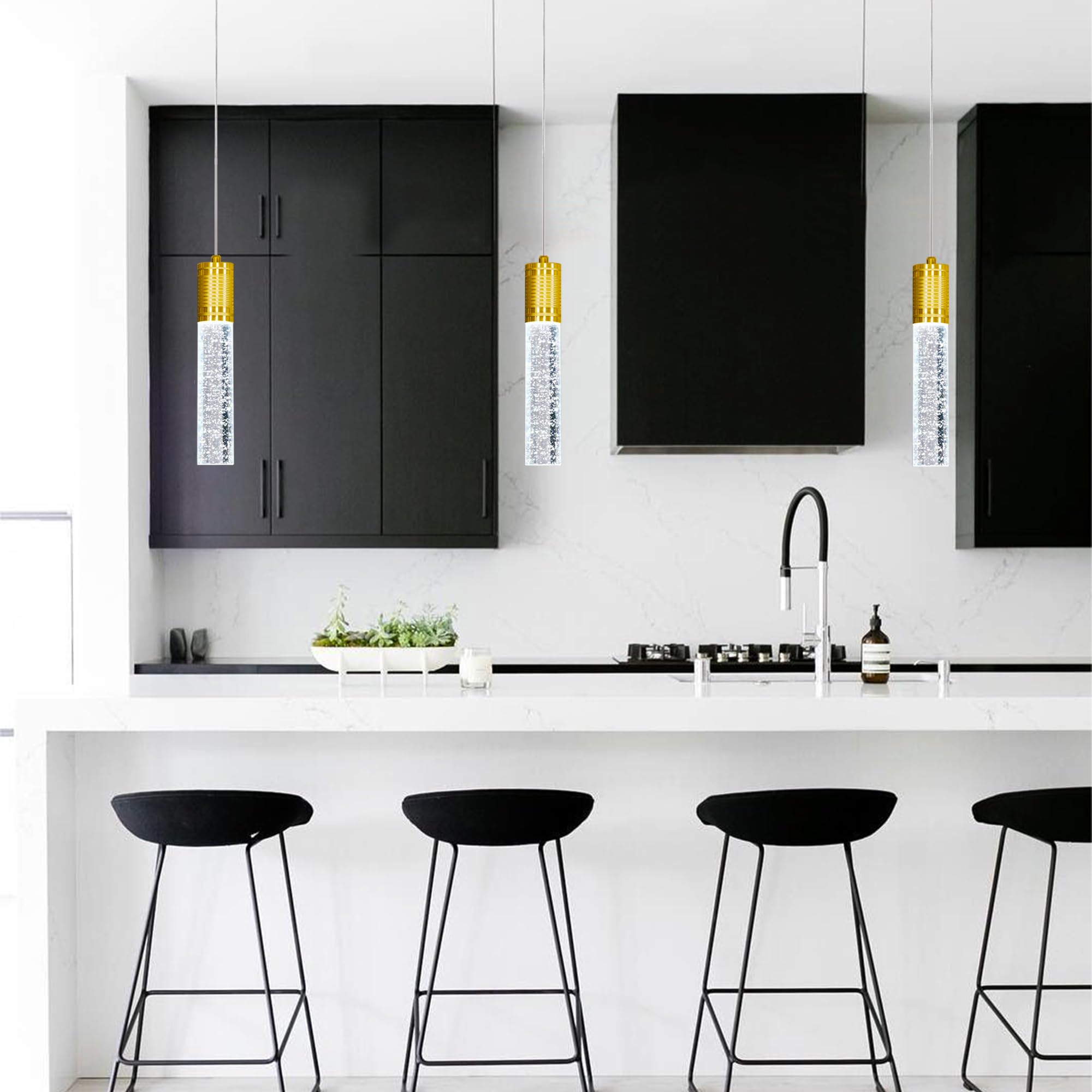 HAIXIANG Modern Kitchen Island Hanging Light Fixtures Crytstal Pendant Lighting for Kitchen Island Chrome Mini Chandelier with 6000K Daylight Bulb