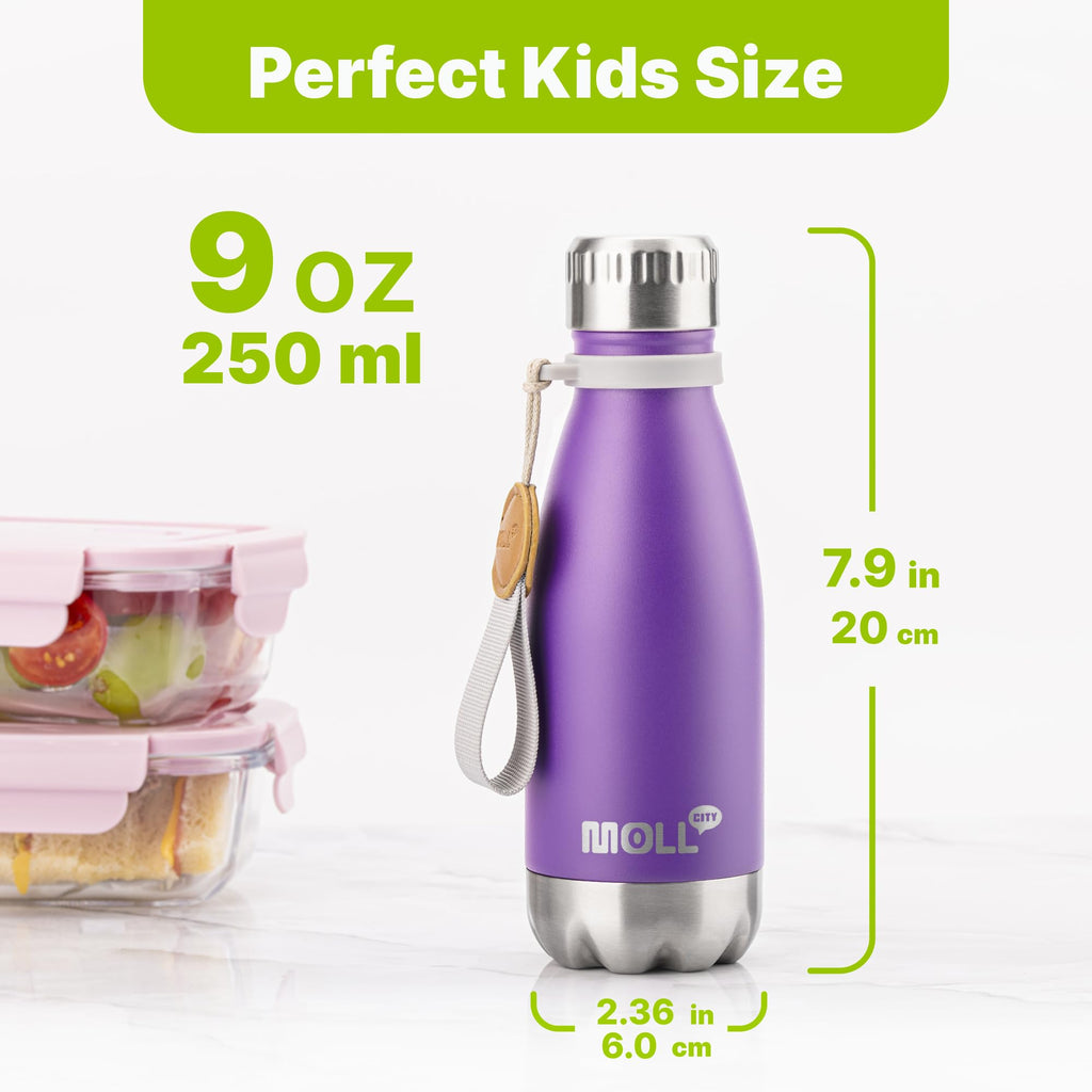 9 oz Water Bottle for Kids-Small Stainless Steel Water Bottle for School Vacuum Insulated Metal Leak Proof Cola Shape Water Flask for Boys Girls(Baby Blue)