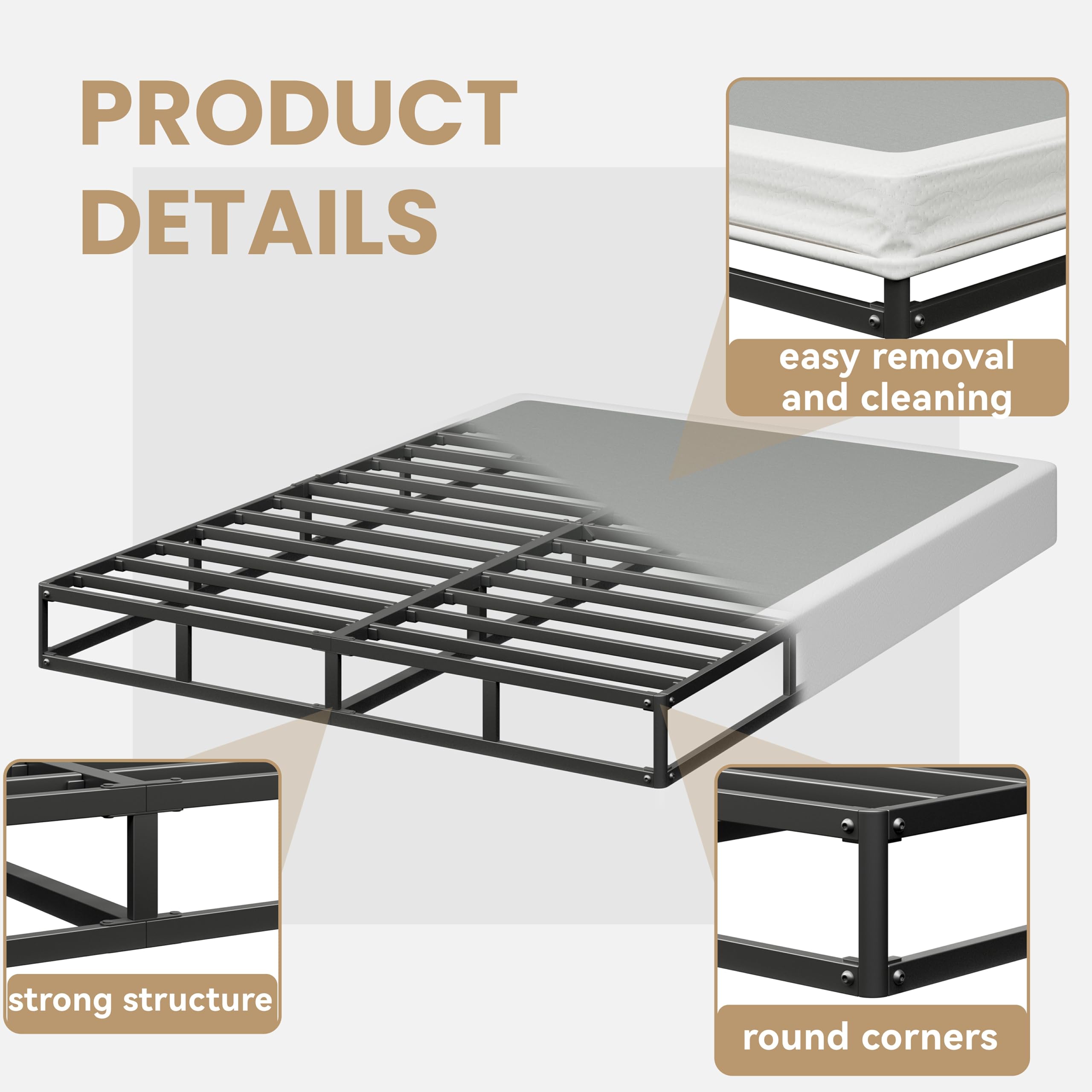 HUEIIS Box Spring Twin Size, 7 Inch Low Profile Metal Frame Mattress Foundation, 3000 lbs Heavy Duty Boxspring with Fabric Cover, Easy Assembly, Noise Free, Non-Slip