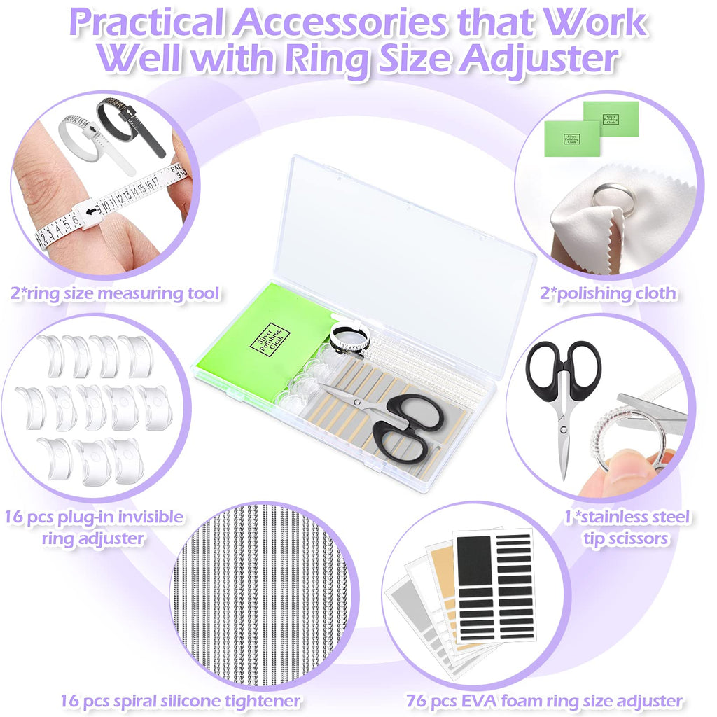 38 Pcs Ring Sizer Adjuster for Loose Rings with Ring Size Measuring Tool, Plug-in Invisible Ring Guards Silicone Tightener EVA Foam Ring Size Adjuster Set with Polishing Cloth