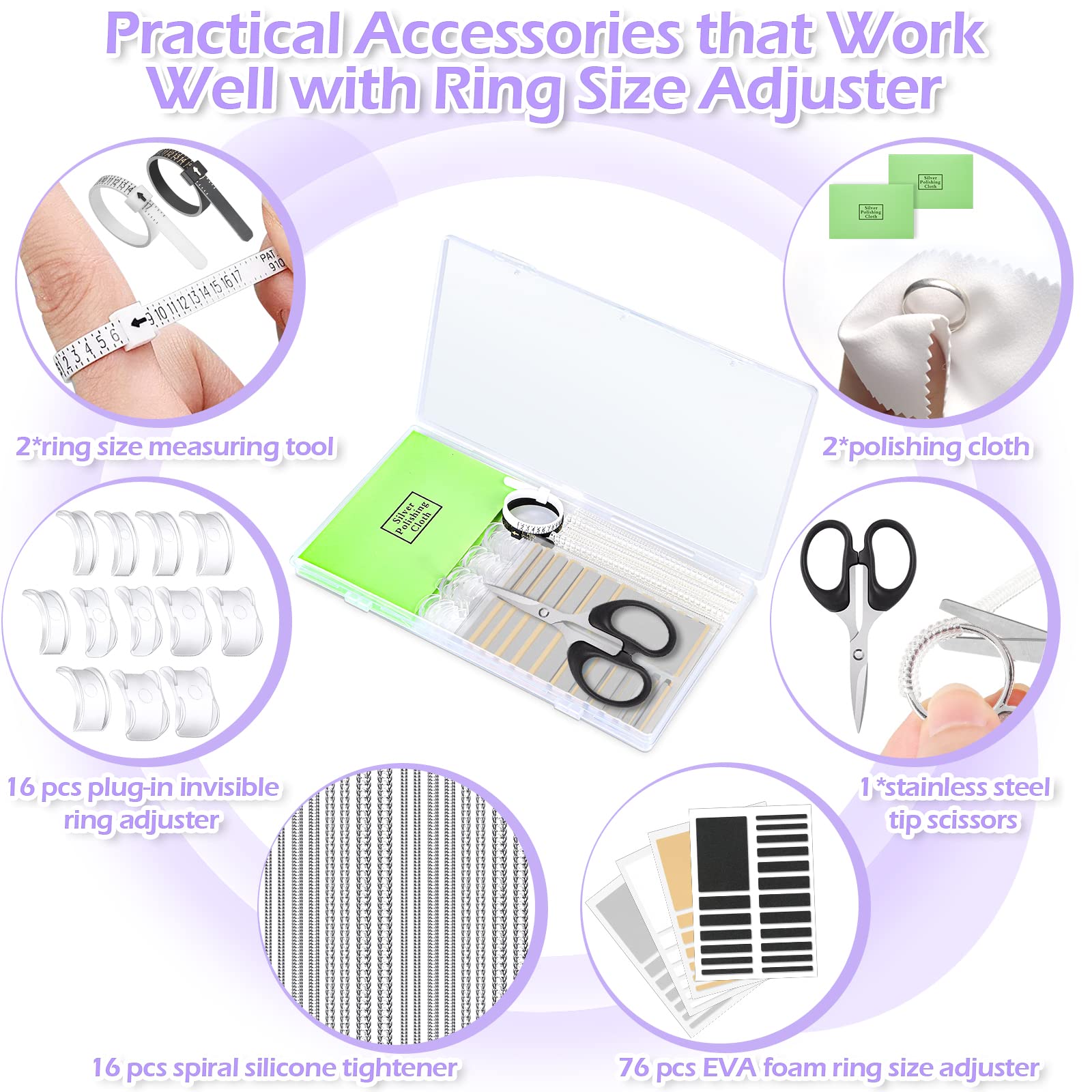 38 Pcs Ring Sizer Adjuster for Loose Rings with Ring Size Measuring Tool, Plug-in Invisible Ring Guards Silicone Tightener EVA Foam Ring Size Adjuster Set with Polishing Cloth