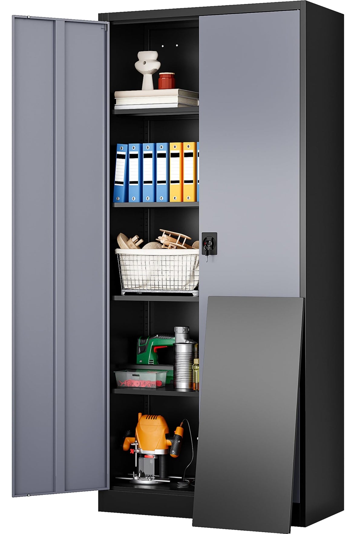 SISESOL Wide & Deep Metal Storage Cabinet with Wheels,Tall Rolling Garage Storage Cabinet with Lock,Black Metal Cabinets with Pegboards and Shelves,Tool Locker for Garage,Home,Office,43''Wx 20''Dx71"H