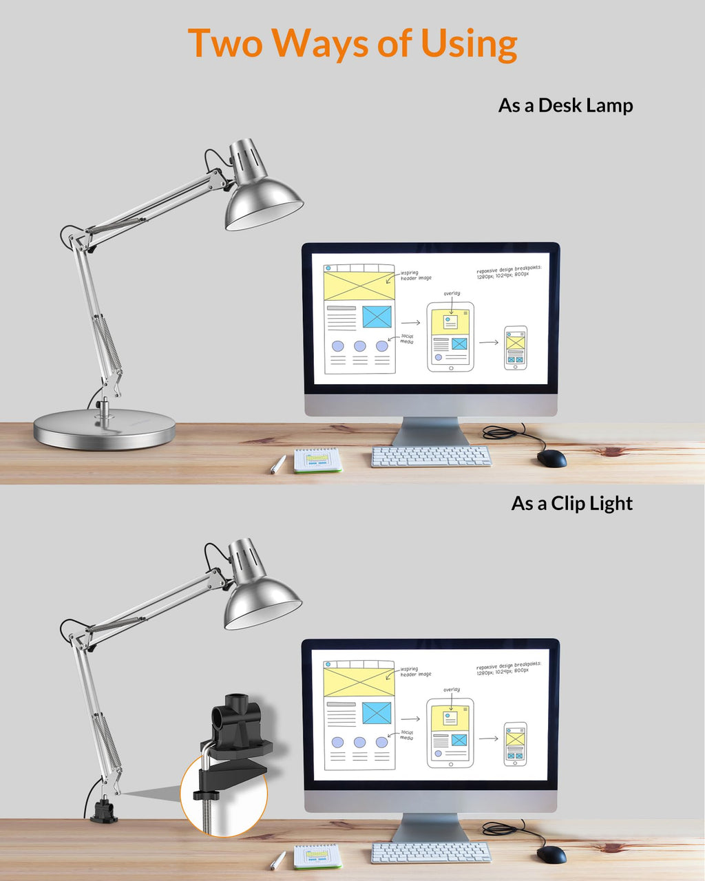 LEPOWER Metal Desk Lamp, Adjustable Goose Neck Architect Table Lamp with On/Off Switch, Swing Arm Desk Lamp with Clamp, Eye-Caring Reading Lamp for Bedroom, Study Room &Office (Sandy Black)