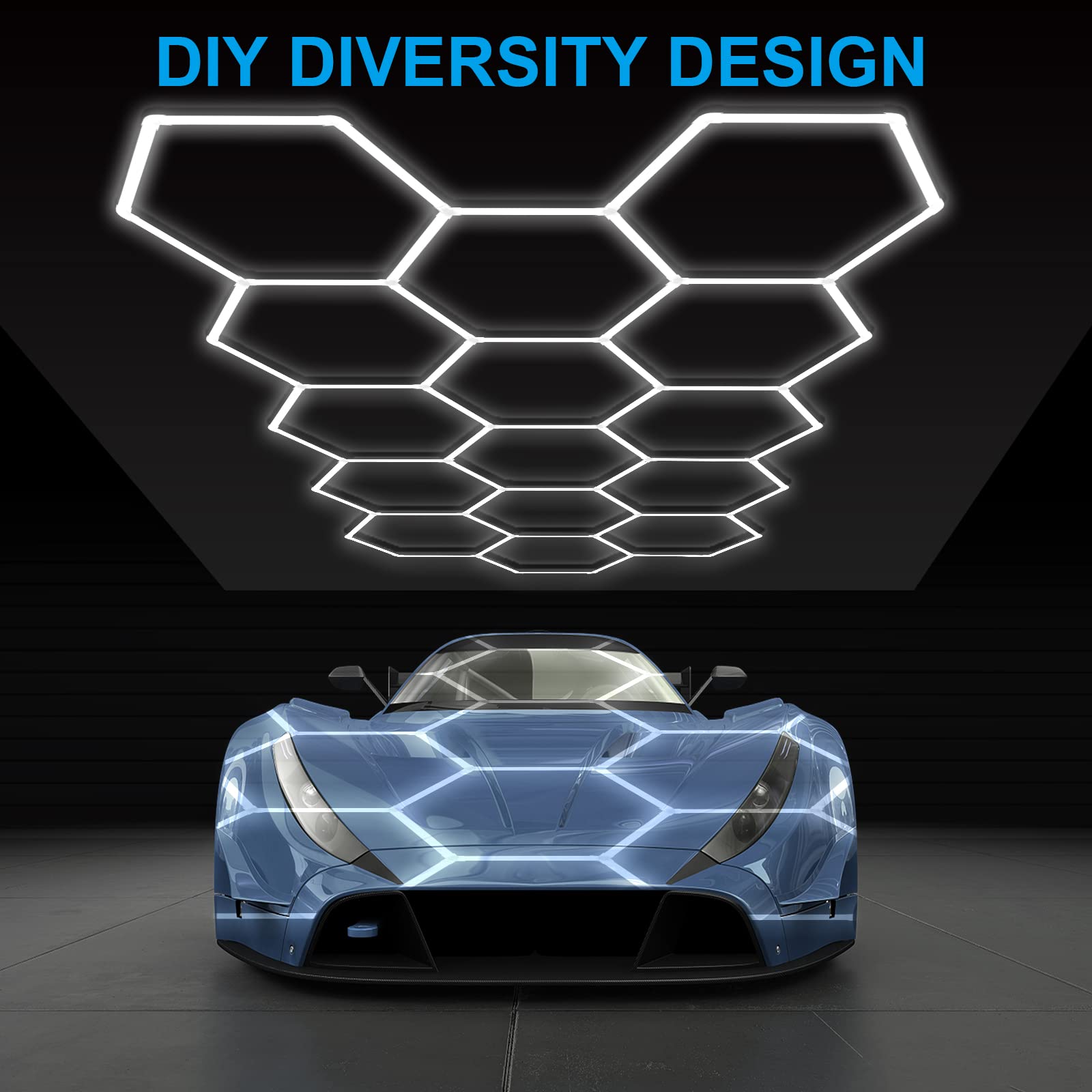 LZHOME LED Hexagon Garage Light: 12700LM Car Detailing Shop Light, DIY Splicing Ceiling & Wall Decor Lights, for Workshop Basement Gym Warehouse Bar Gaming Room