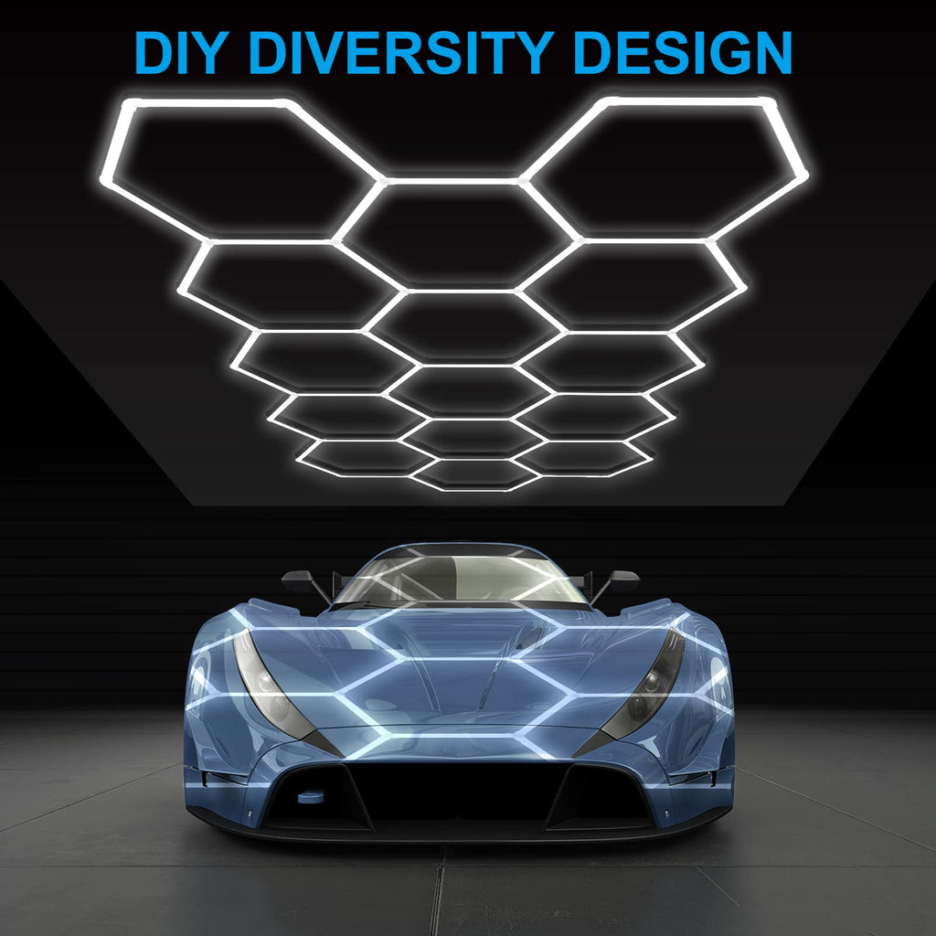 LZHOME LED Hexagon Garage Light: 12700LM Car Detailing Shop Light, DIY Splicing Ceiling & Wall Decor Lights, for Workshop Basement Gym Warehouse Bar Gaming Room