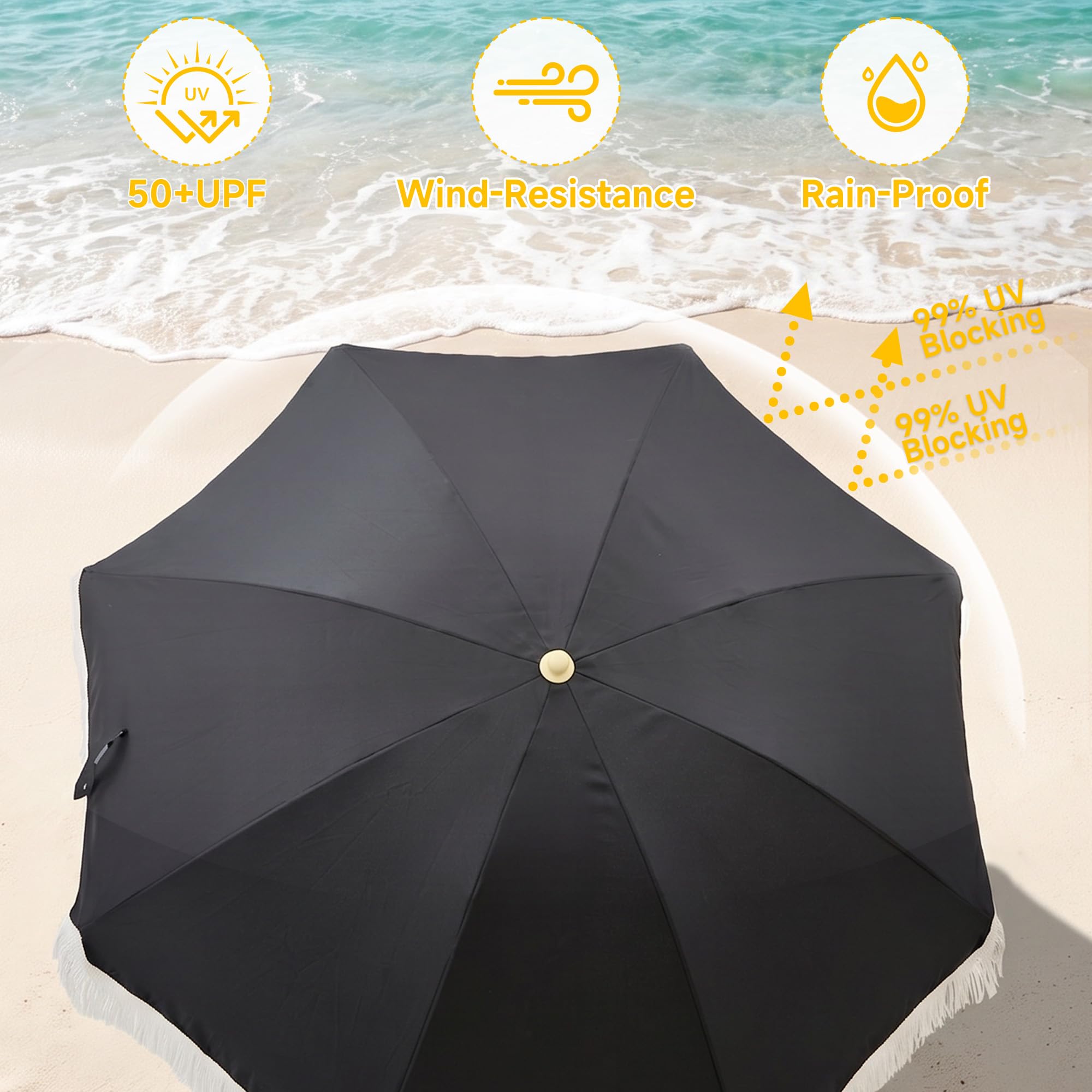 6.5FT Boho Patio Umberlla with Fringe,UPF50+ Outdoor Umbrella with Fiberglass Ribs and Push Button Tilt,Tassels Umbrella for Beach,Terrace,Picnic