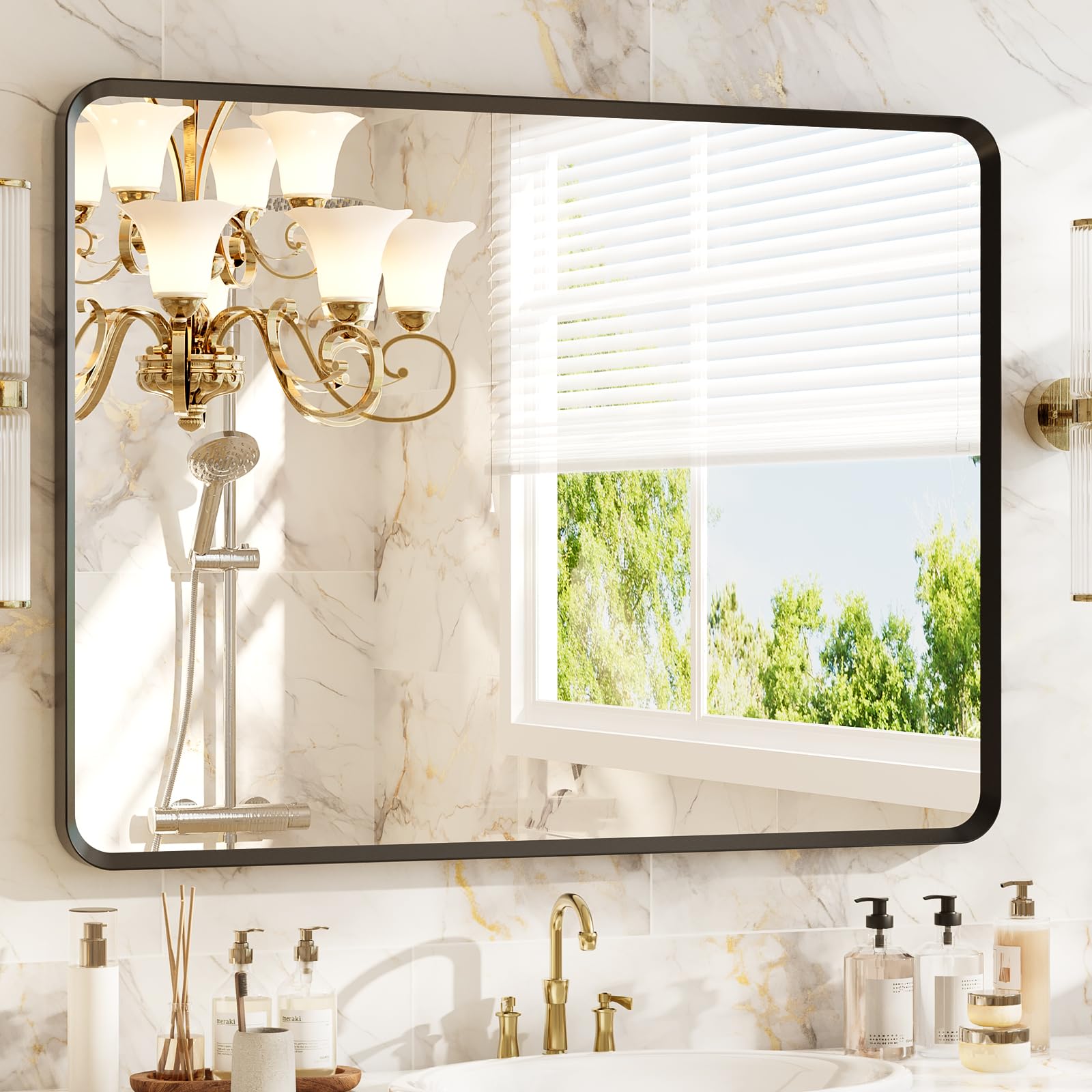 22x30 inch Gold Bathroom Mirror,Rounded Rectangle Gold Metal Framed, HD Tempered Glass, Horizontal or Vertical Hanging, Modern Bathroom Decor