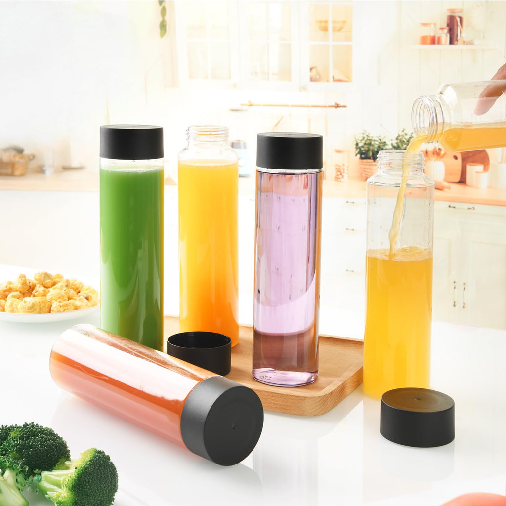 zmybcpack 24 Pack 10 OZ (300 ml) Clear PET Plastic Juice Bottles with Black Lids - Plastic Smoothie Bottles Ideal for Juice, Milk, Homemade Beverages