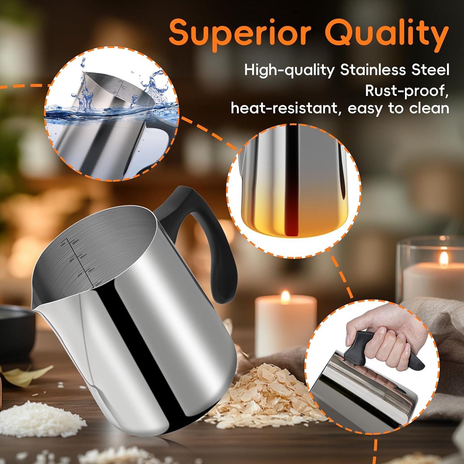 CasaCulina Candle Making Pouring Pot, 32oz Stainless Steel Wax Melting Pot with Heat-Resistant Handle, Double Boiler Candle Making Pitcher with Dripless Pouring Spout Design
