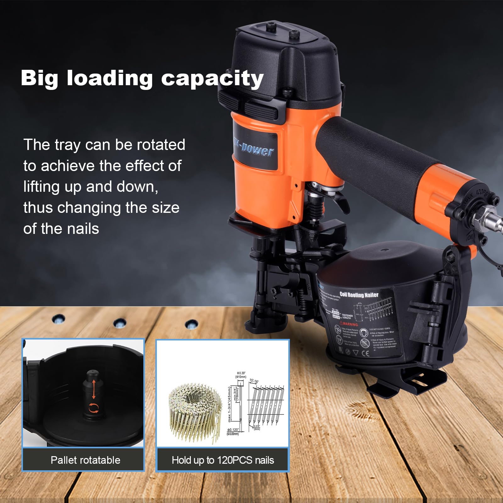 Honduras Style Roofing Nail Gun, 15 Degree CN45N Roofing Nailer 3/4-Inch to 1-3/4-Inch Coil Nails, 120-pcs Load Capacity Coil Nailer