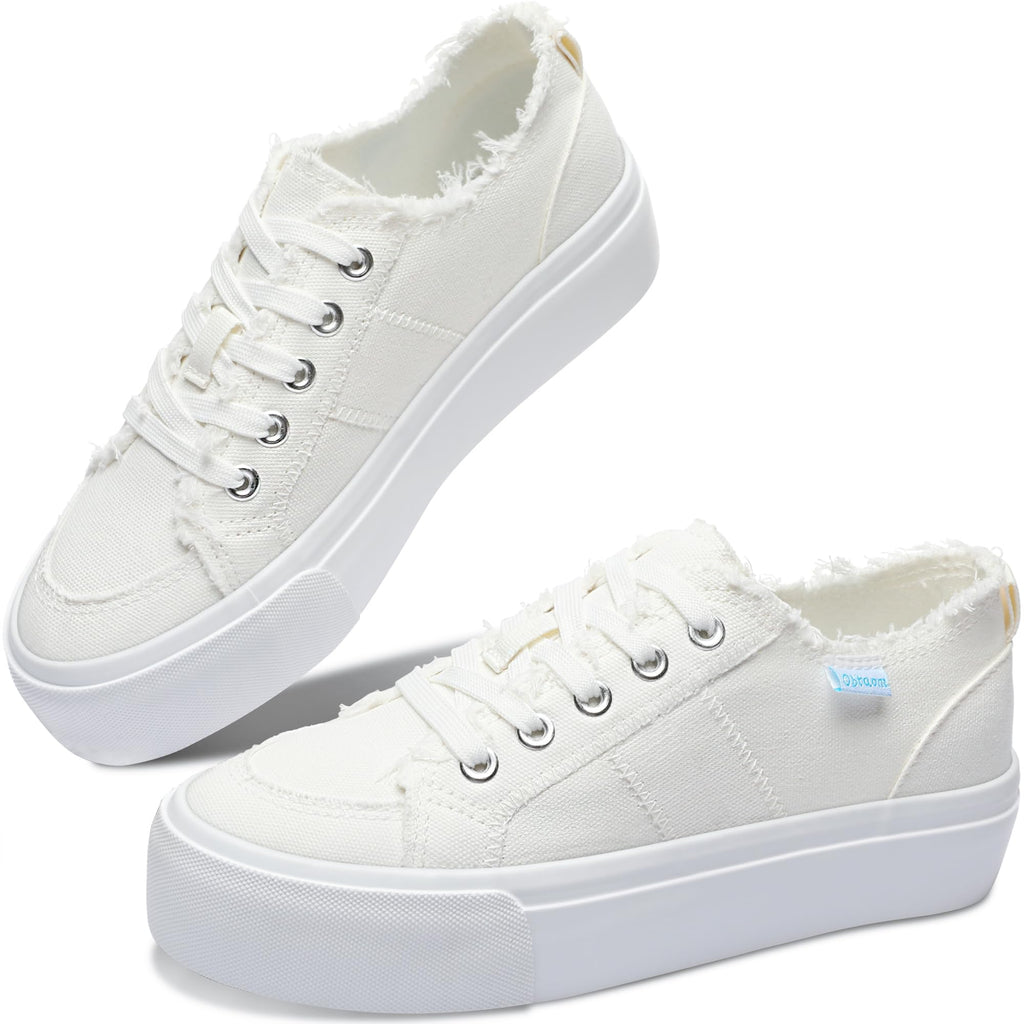 Obtaom Women Platform Canvas Sneakers White Comfort Play Fashion Sneakers Casual Lift Platform Lace Up Shoes Cute Low Top Walking Shoes for Lady