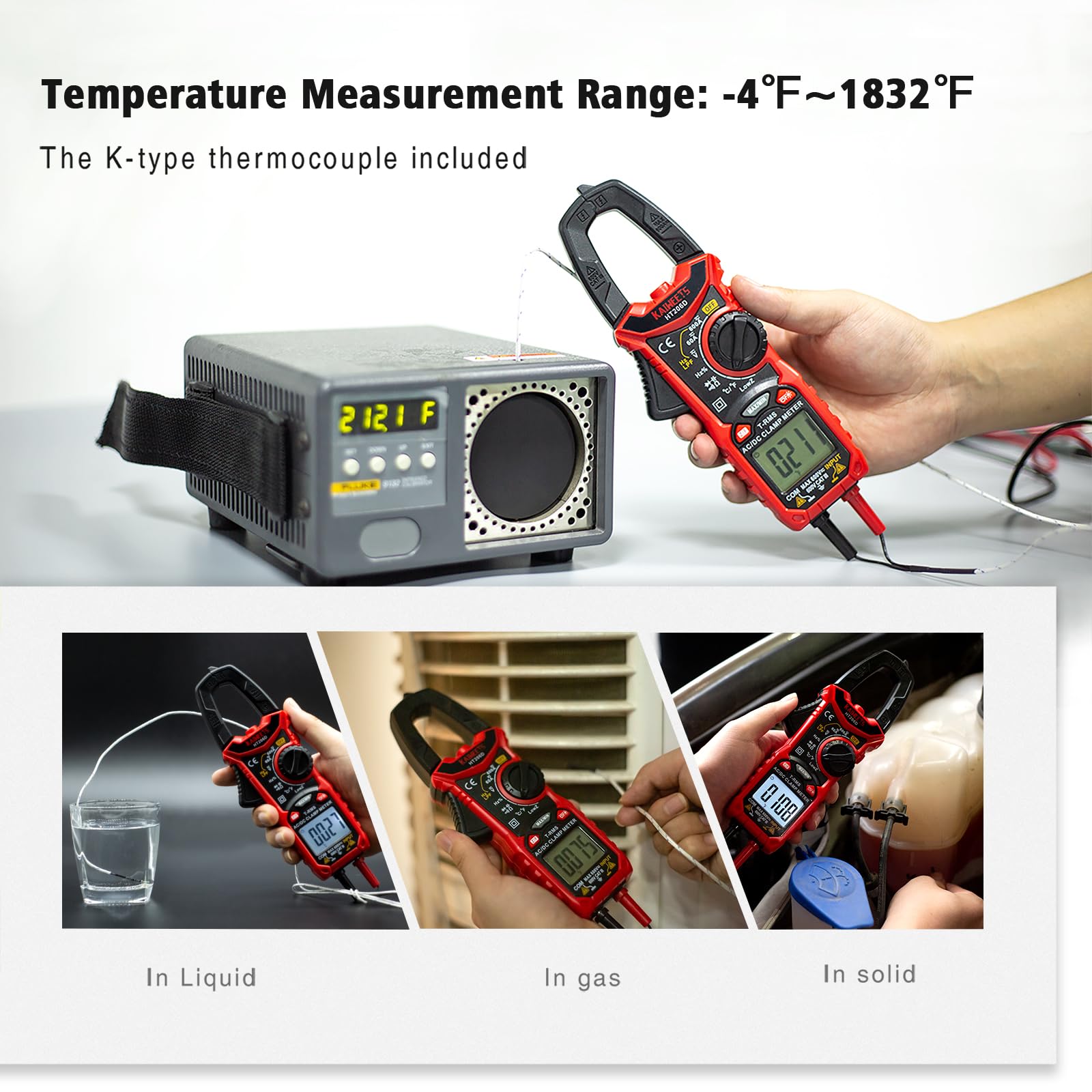 KAIWEETS Digital Clamp Meter Multimeter with D-Shaped Jaw for AC/DC Current & Voltage, Auto-ranging 4000 Counts Voltage Tester with Flashlight Backlight, Measuring Temperature Continuity Diode NCV