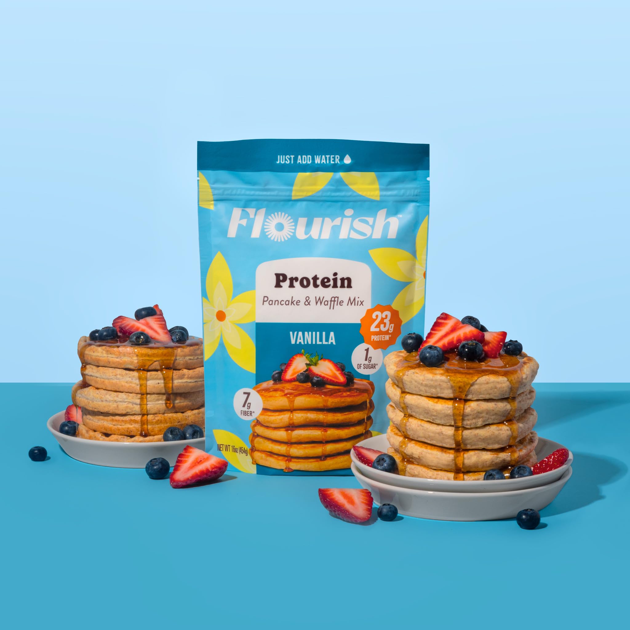 Flourish Protein Pancake & Waffle Mix, with Whey Protein & Flax Seed, No Added Sugar, High in Protein & Fiber - Just Add Water - Birthday Cake Flavour 16oz (2 pack)